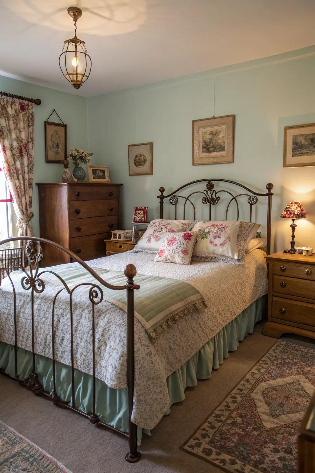 Antiquated furnishings saturate your bedroom with timeless allure.