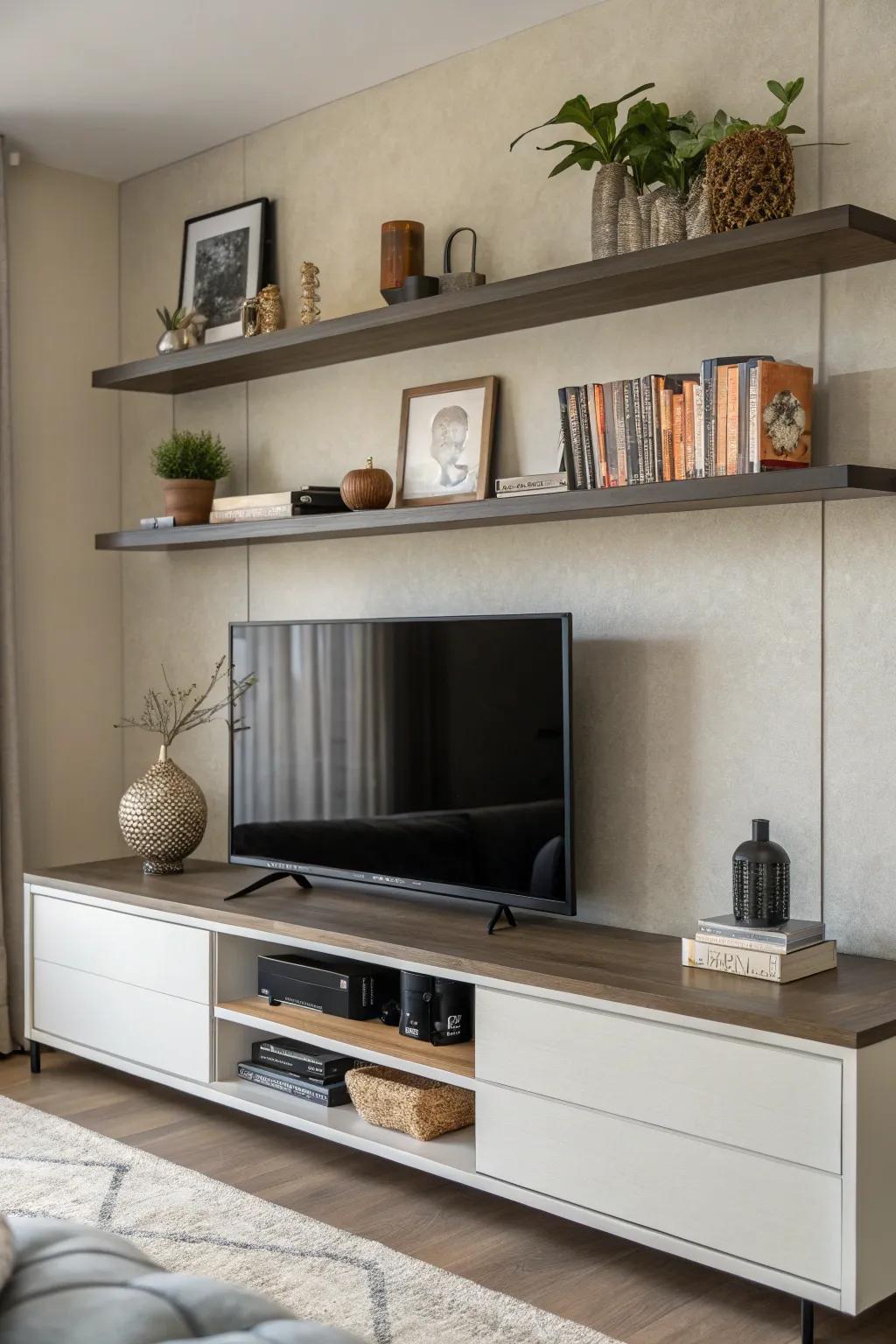 Shelving attached to the wall positioned above a media console for added storage.