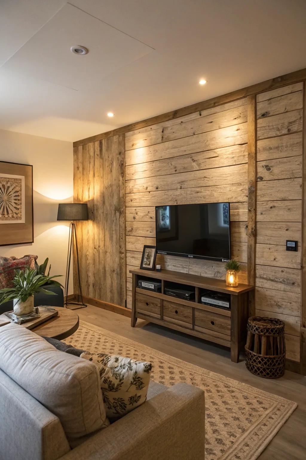 A TV set against an embossed wooden wall panel.