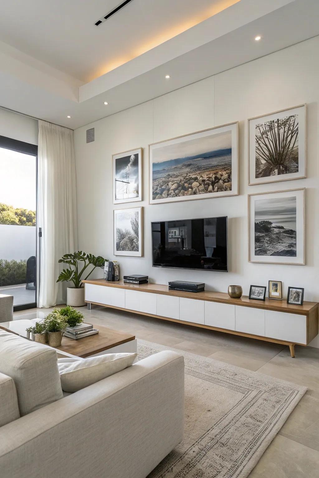 Adopting minimalist principles to realize a chic TV gallery wall.