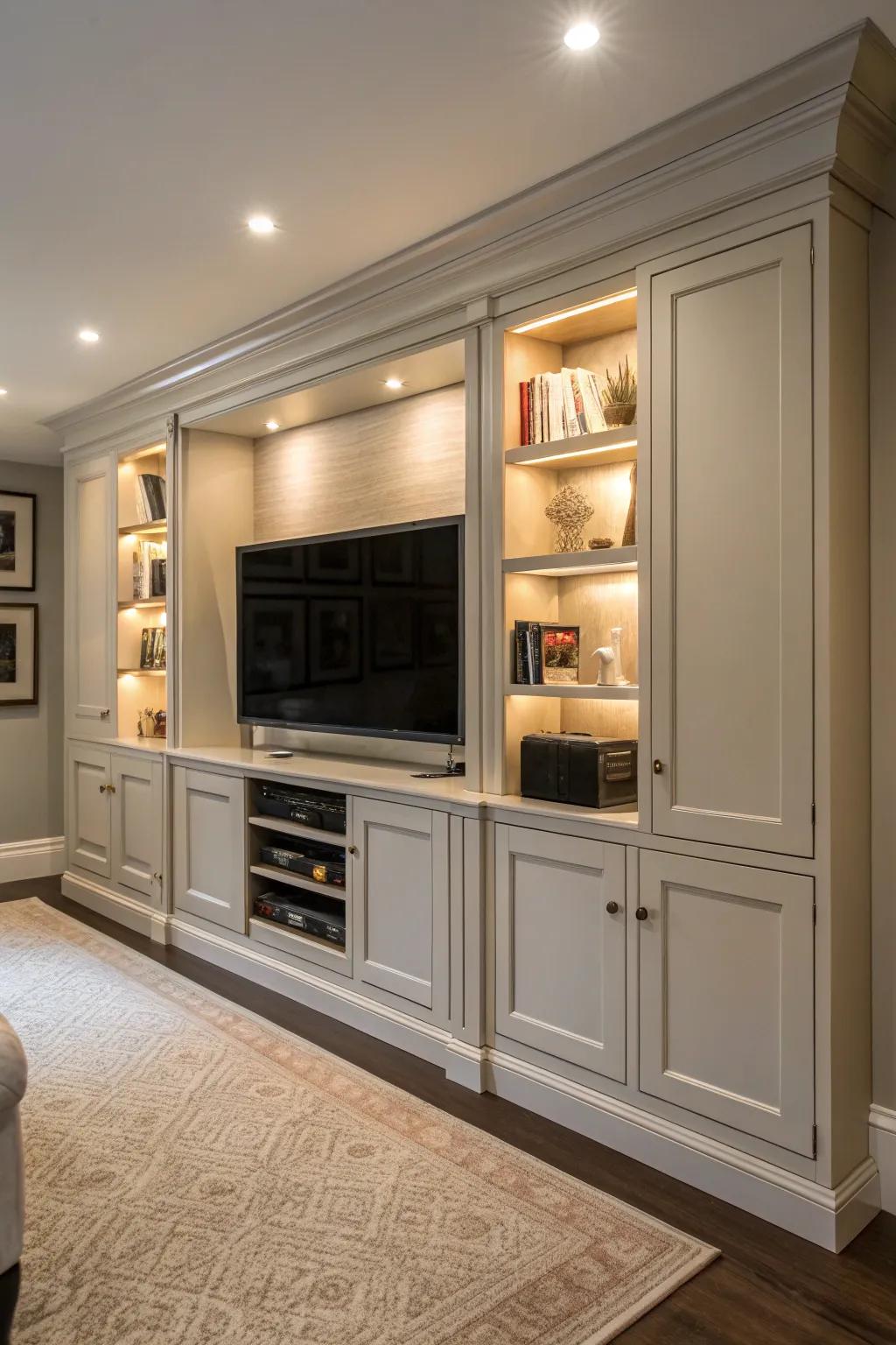 Custom cabinetry integrates aesthetics with functionality for TV walls.