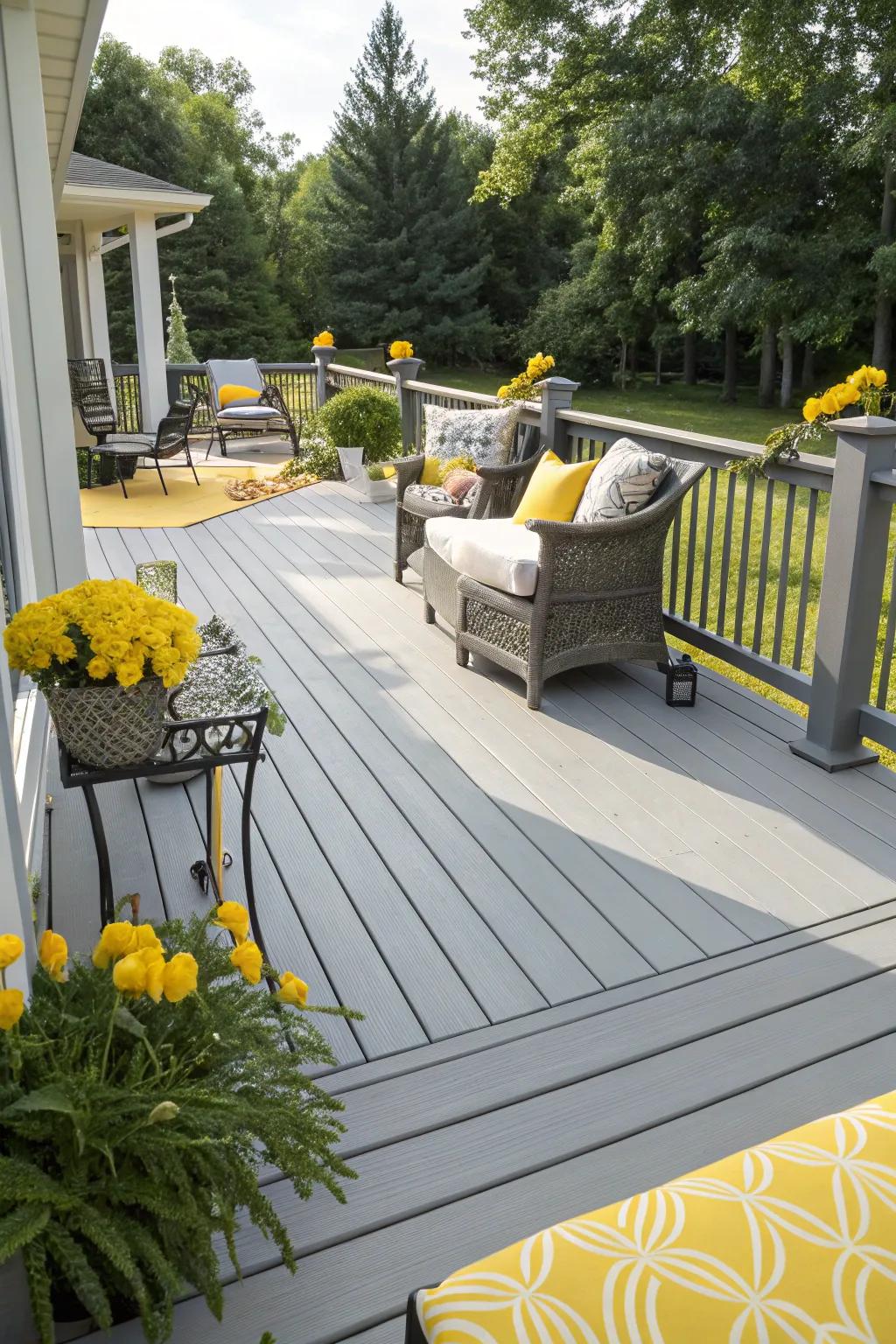 Bright yellow and soft gray create a cozy and inviting outdoor setting.