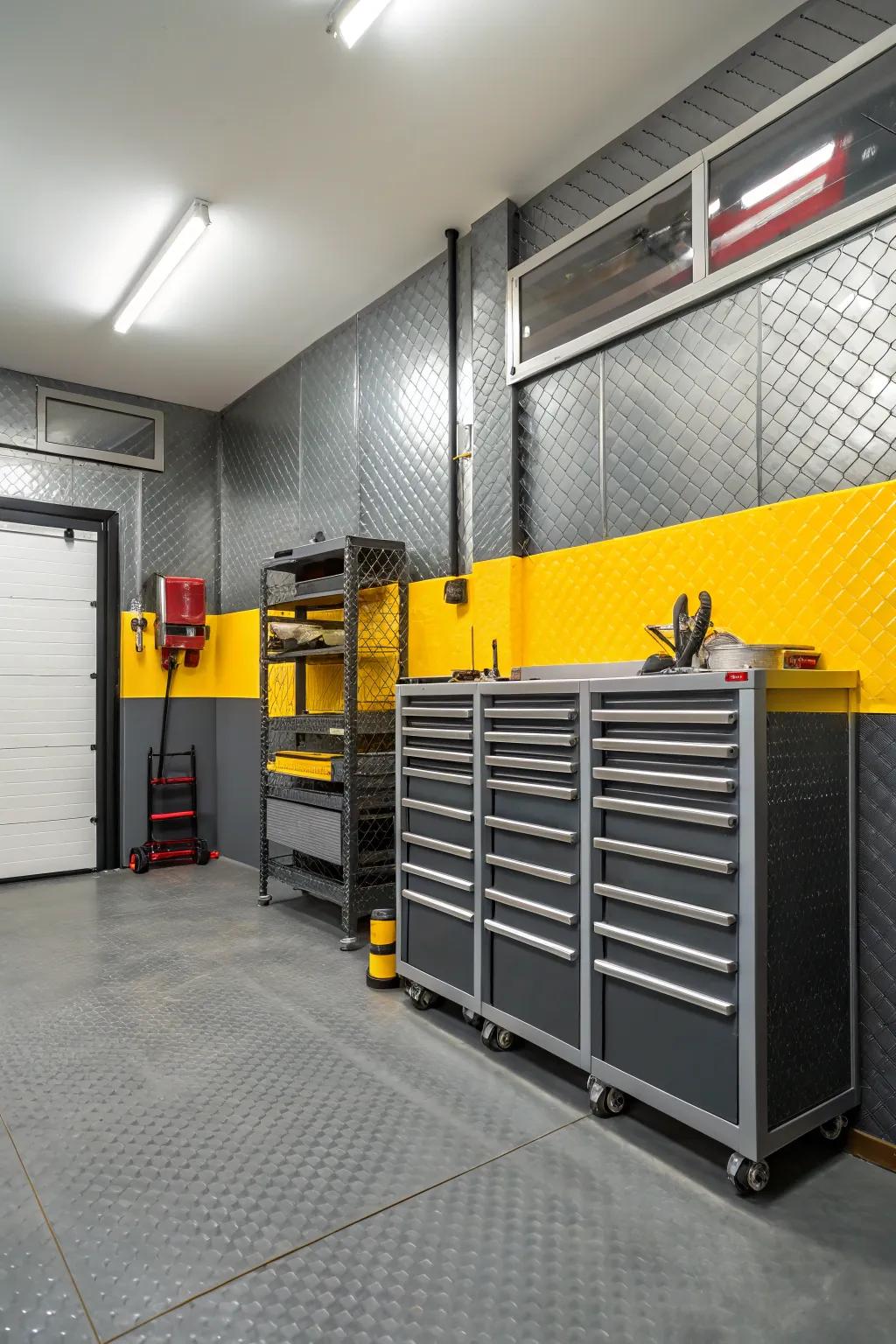 Industrial grey and yellow bring a trendy, urban feel to your garage.