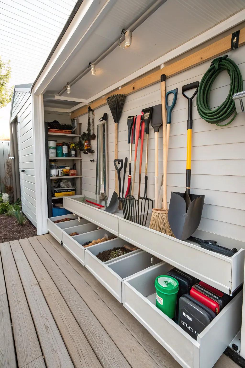 Glide-out drawers offer generous area and accessibility for beneath-deck storage.
