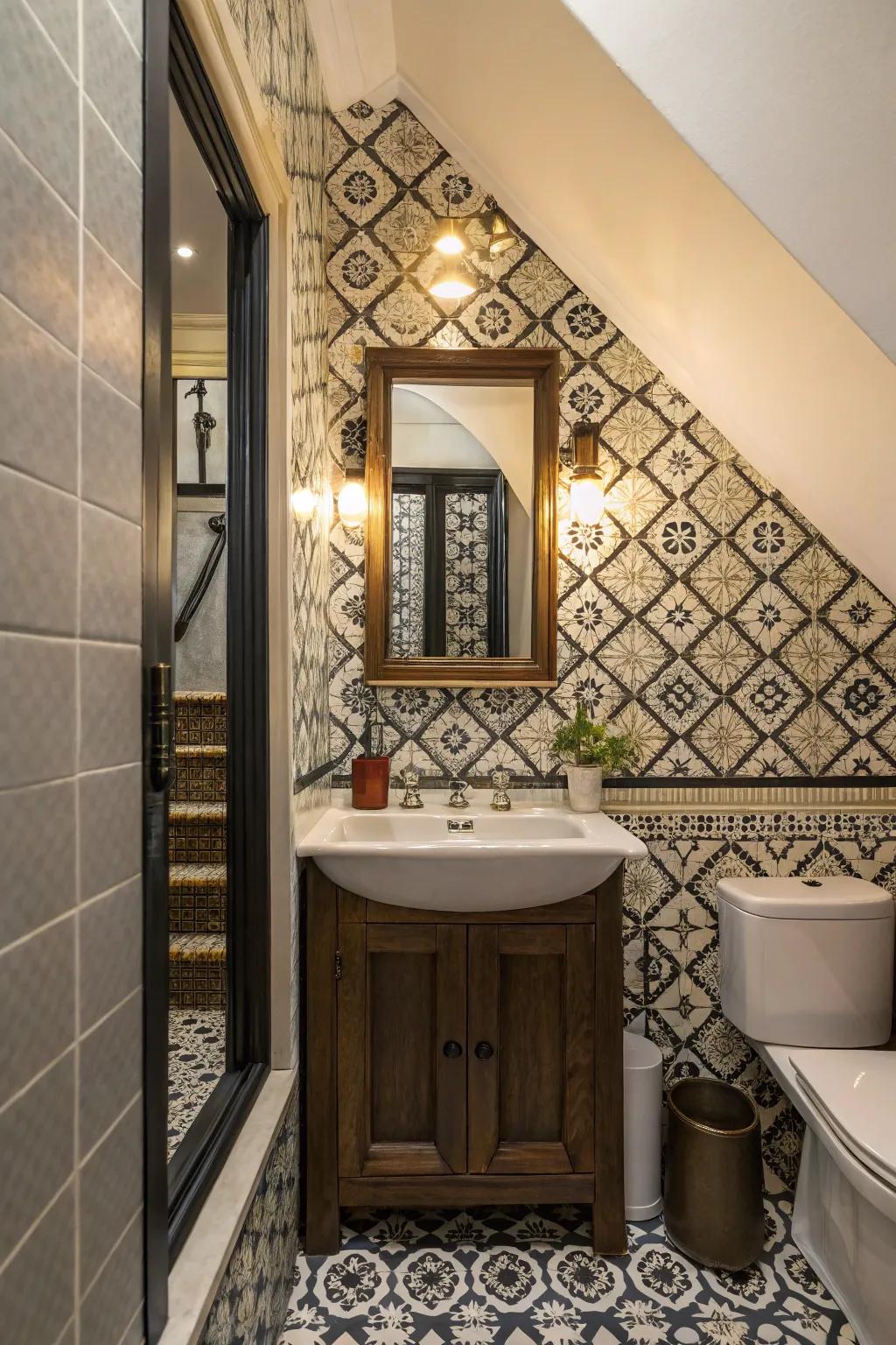 A below-stairs washroom featuring a striking tile design and a statement looking glass.