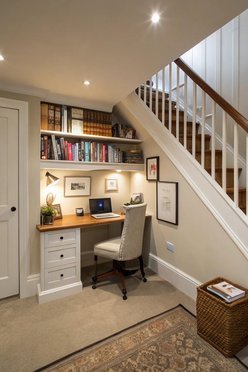 A compact home office beneath the staircase capitalizes on typically unused space.