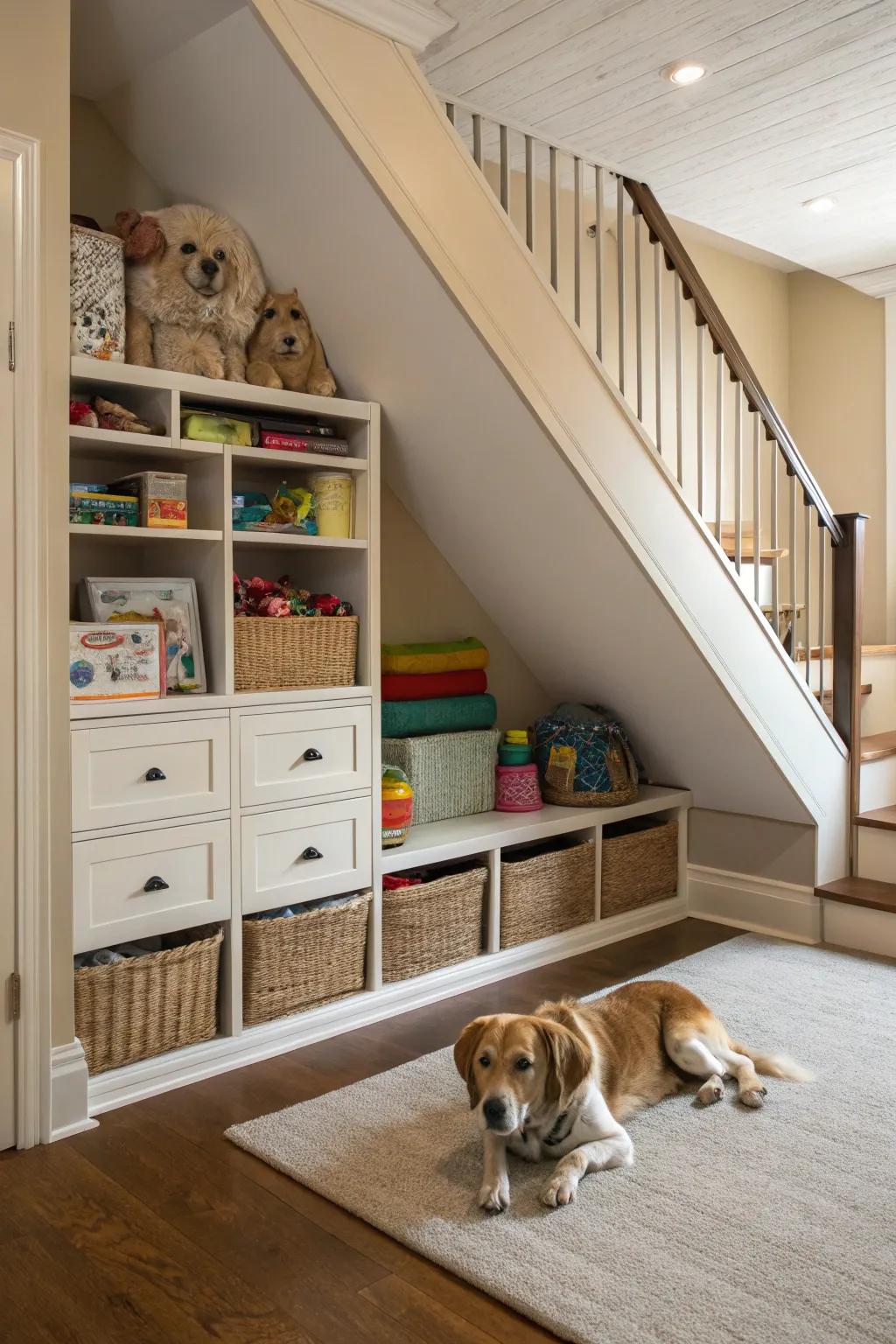 Maintain organization of your pet's essentials with astute stowage solutions.
