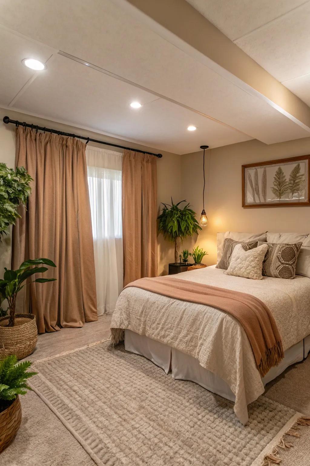 Neutral hues can evoke a sense of calm and spaciousness within your basement bedroom.