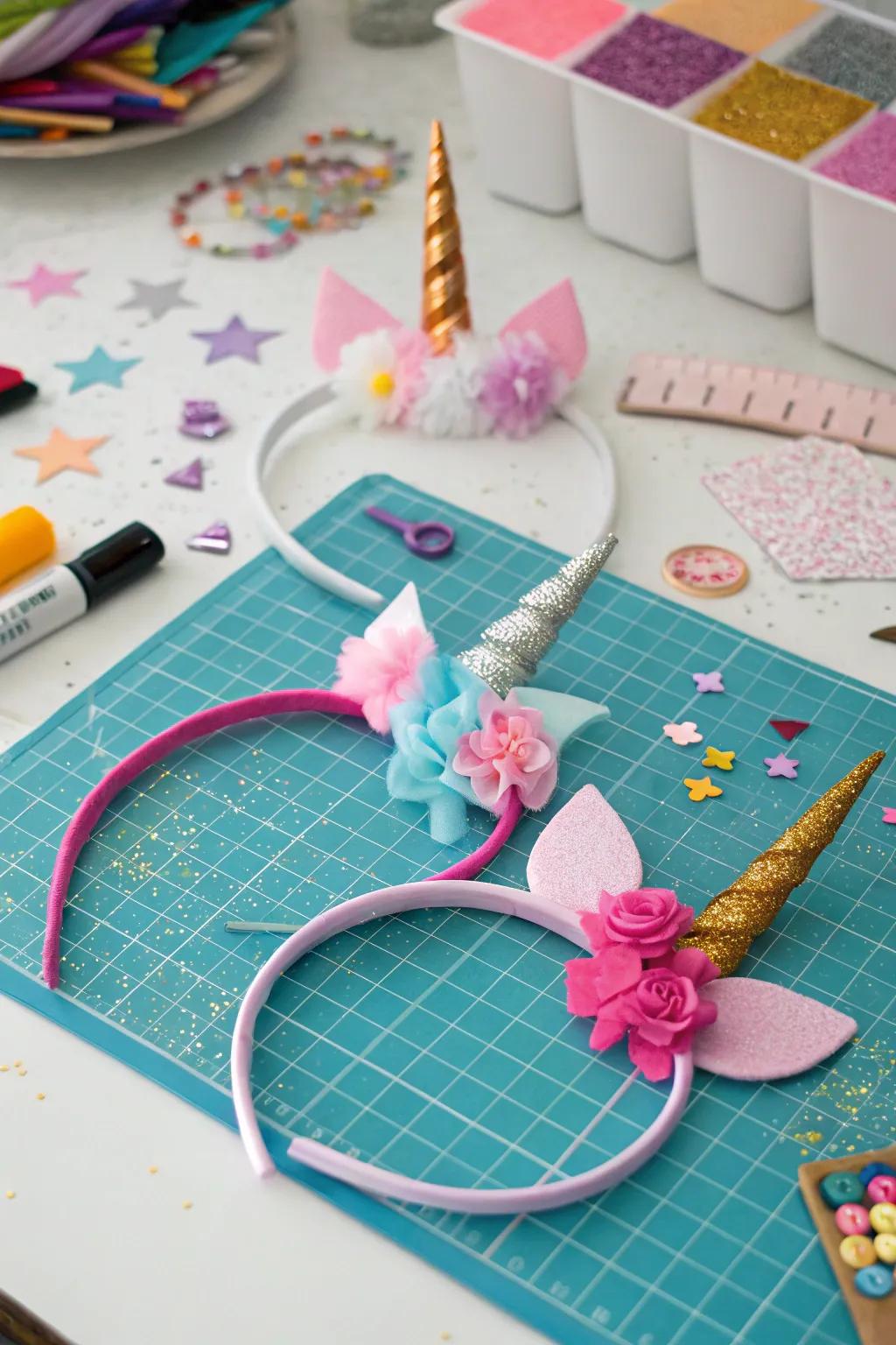DIY unicorn headbands ready for little guests to wear.