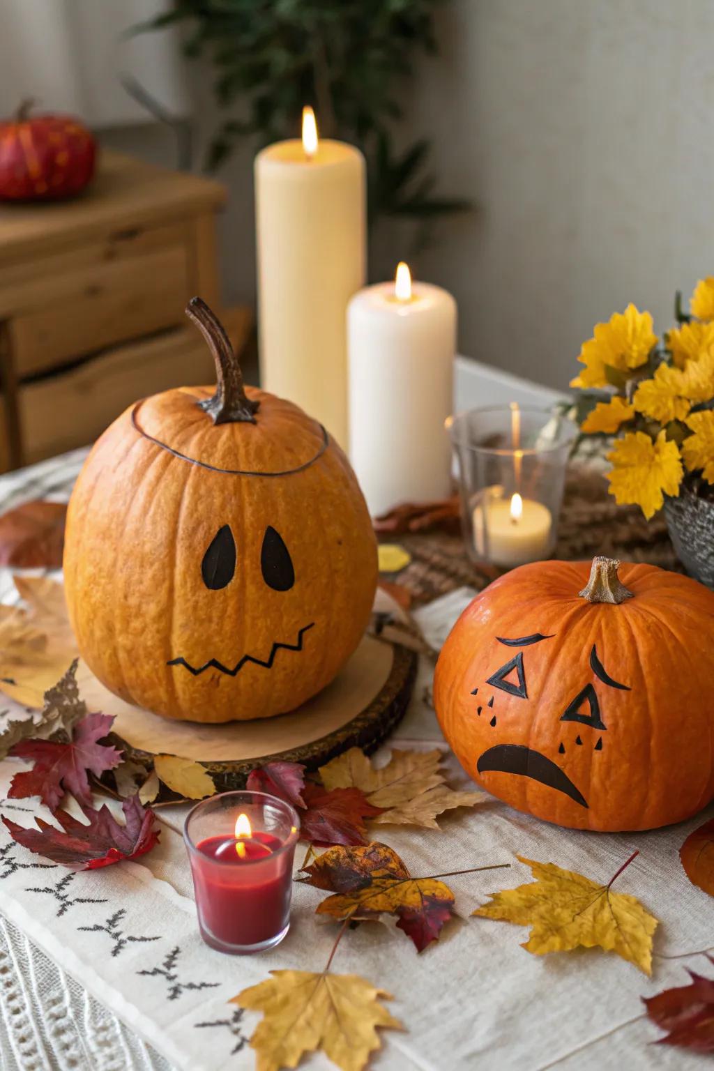 A dual-faced pumpkin exhibiting an array of emotions.