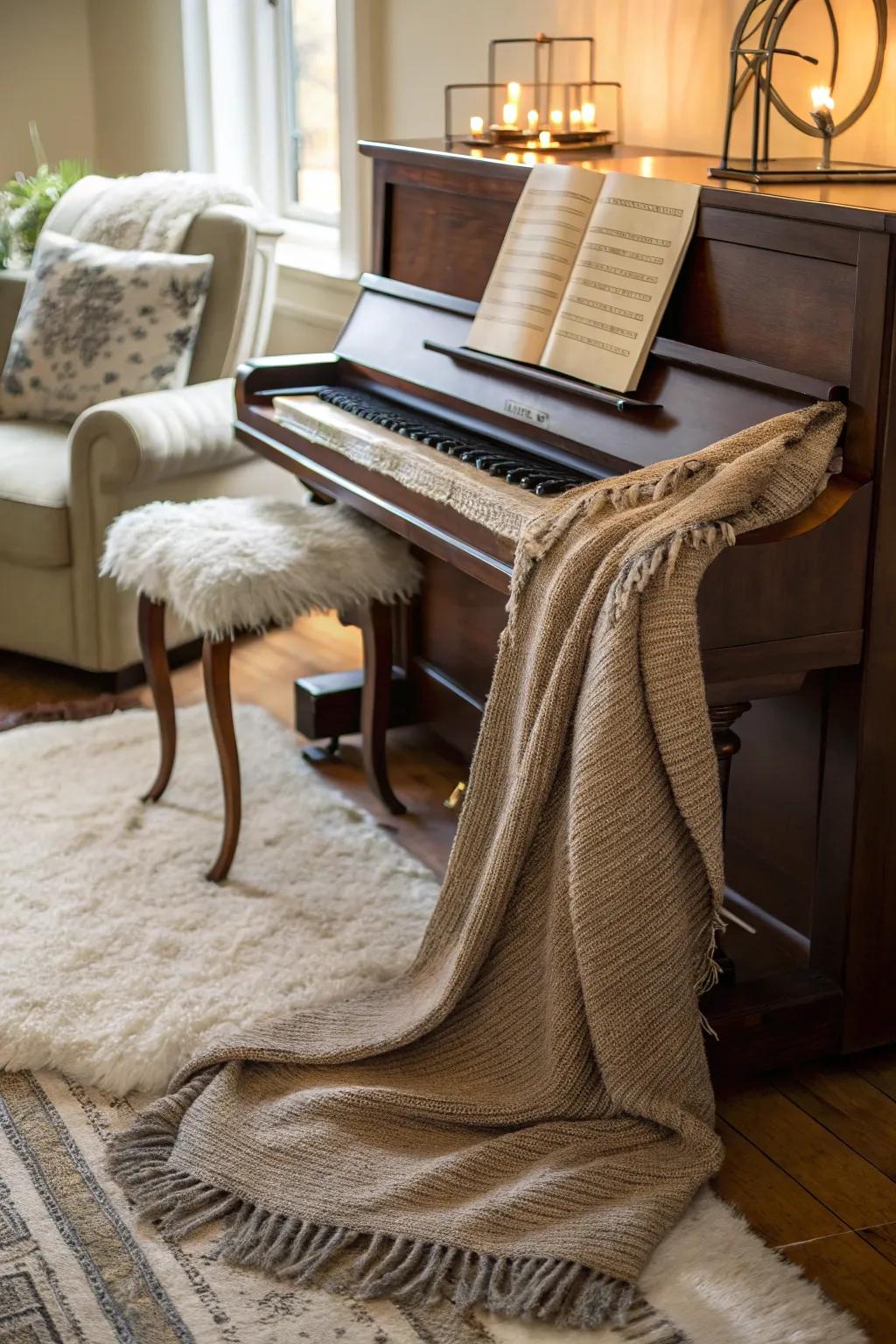 A serene setting featuring an upright piano, a comforting throw blanket, and a faux fur rug.