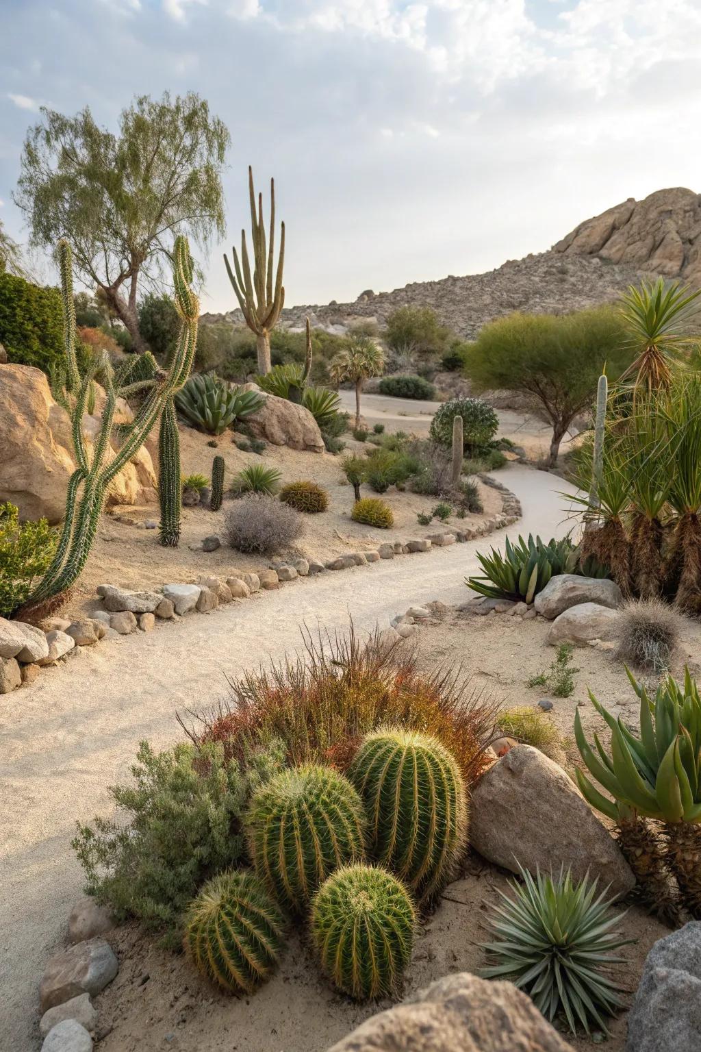 Desert landscaping merges sand with succulents for an unparalleled garden.