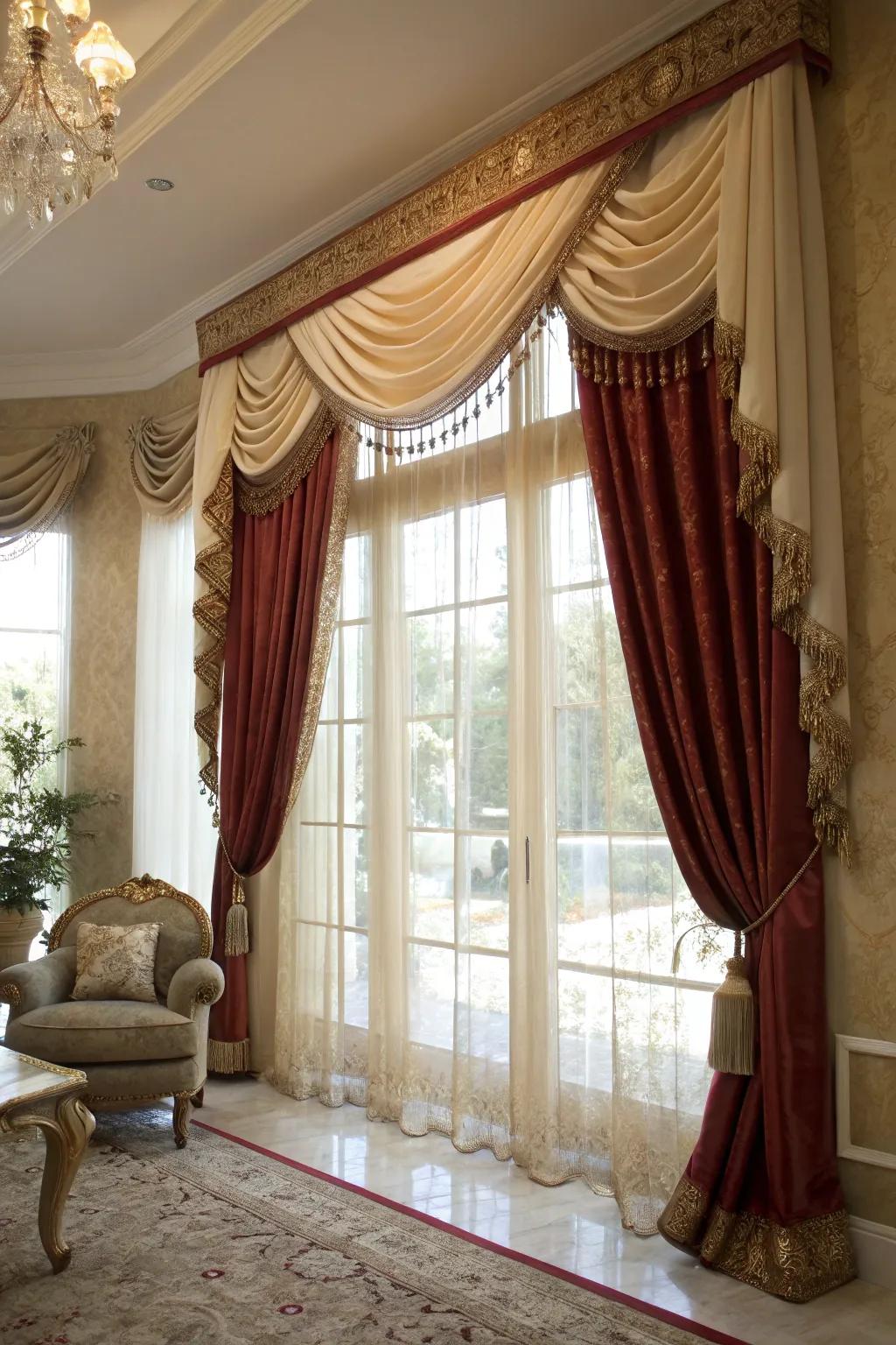 A window presenting a superimposed velvet and silk valance within an elegant living space.