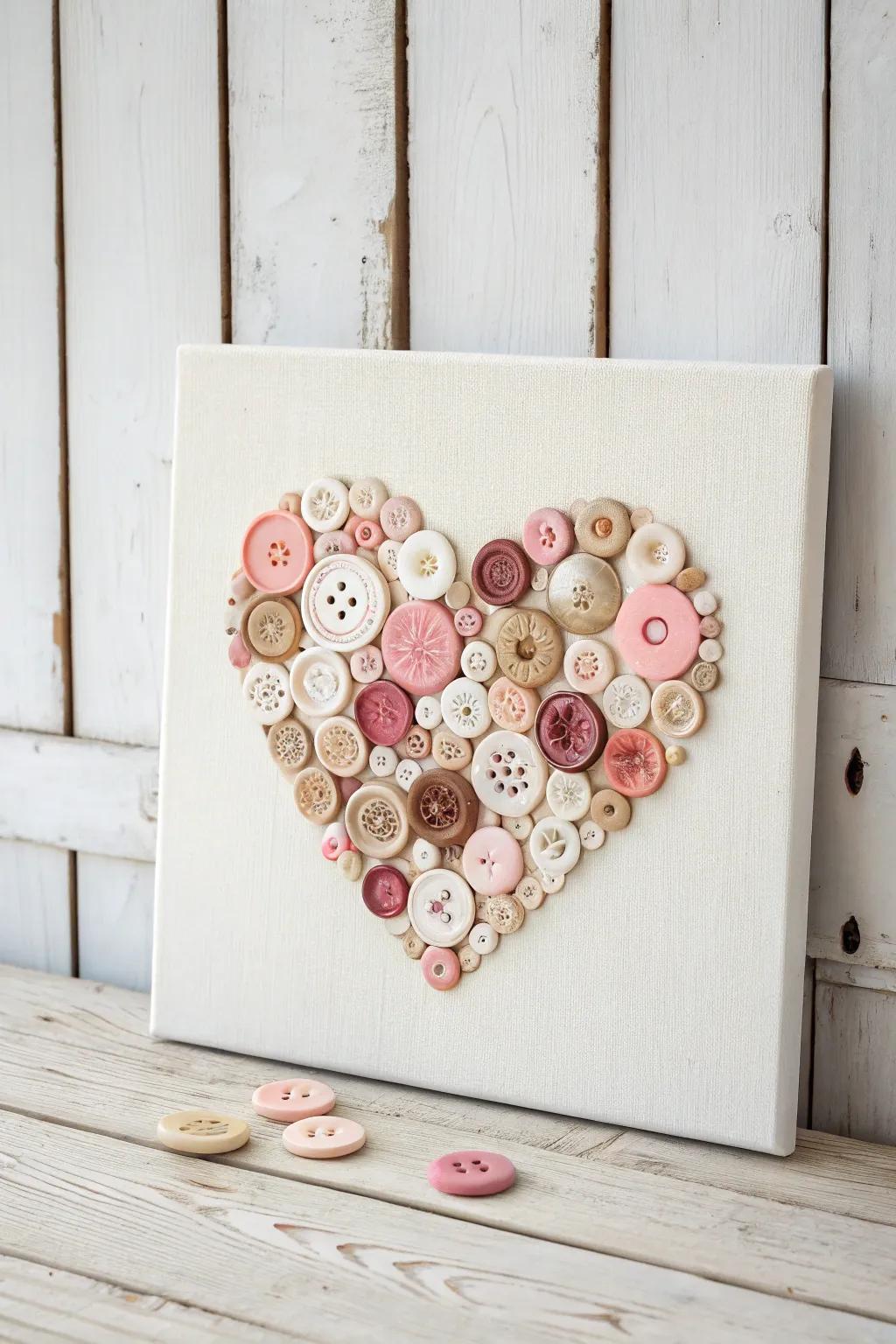 Crafted with love: A charming button heart canvas perfect for Valentine's Day decor, blending Scandinavian simplicity with boho flair.