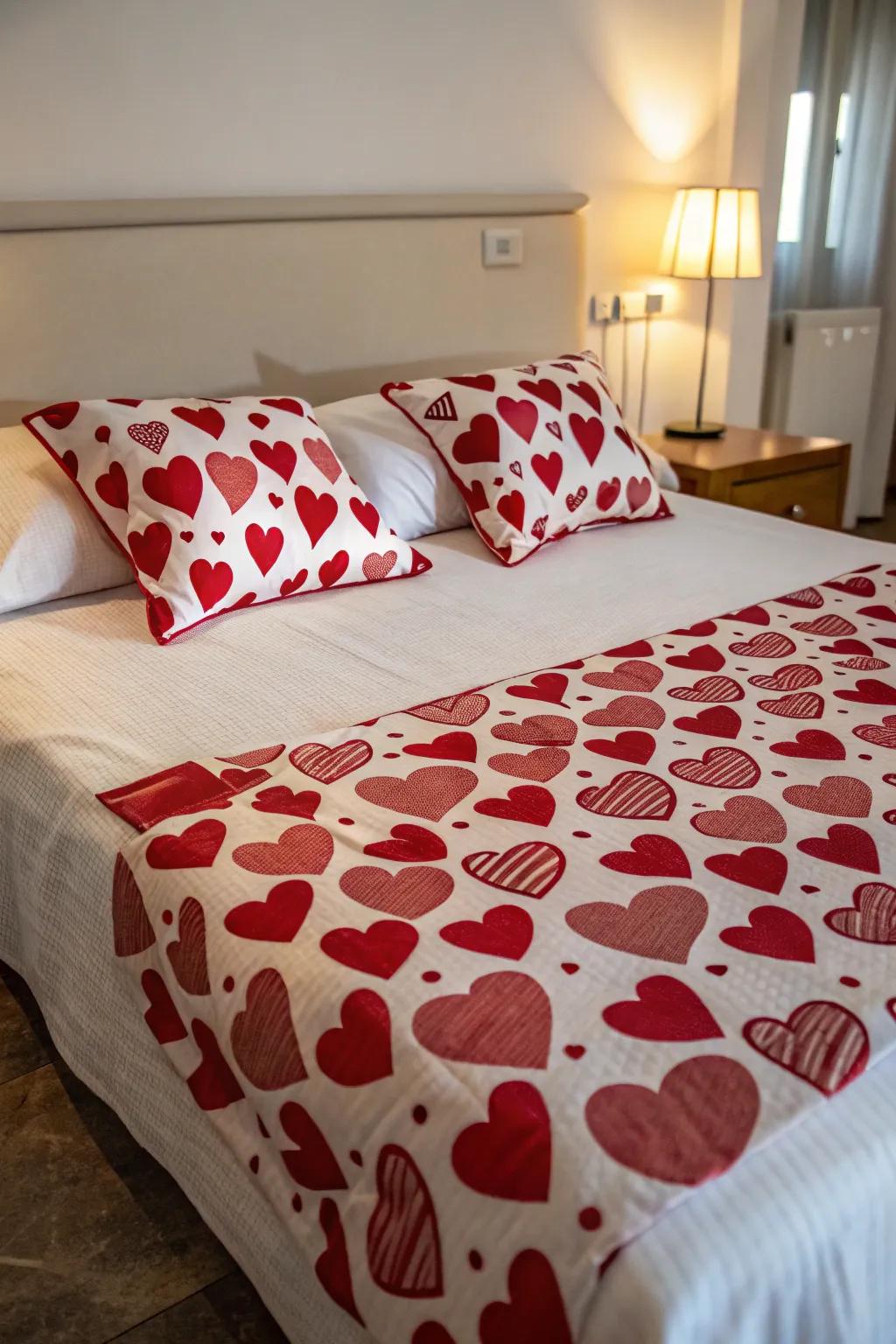 Themed bedding adds a cozy Valentine’s touch.