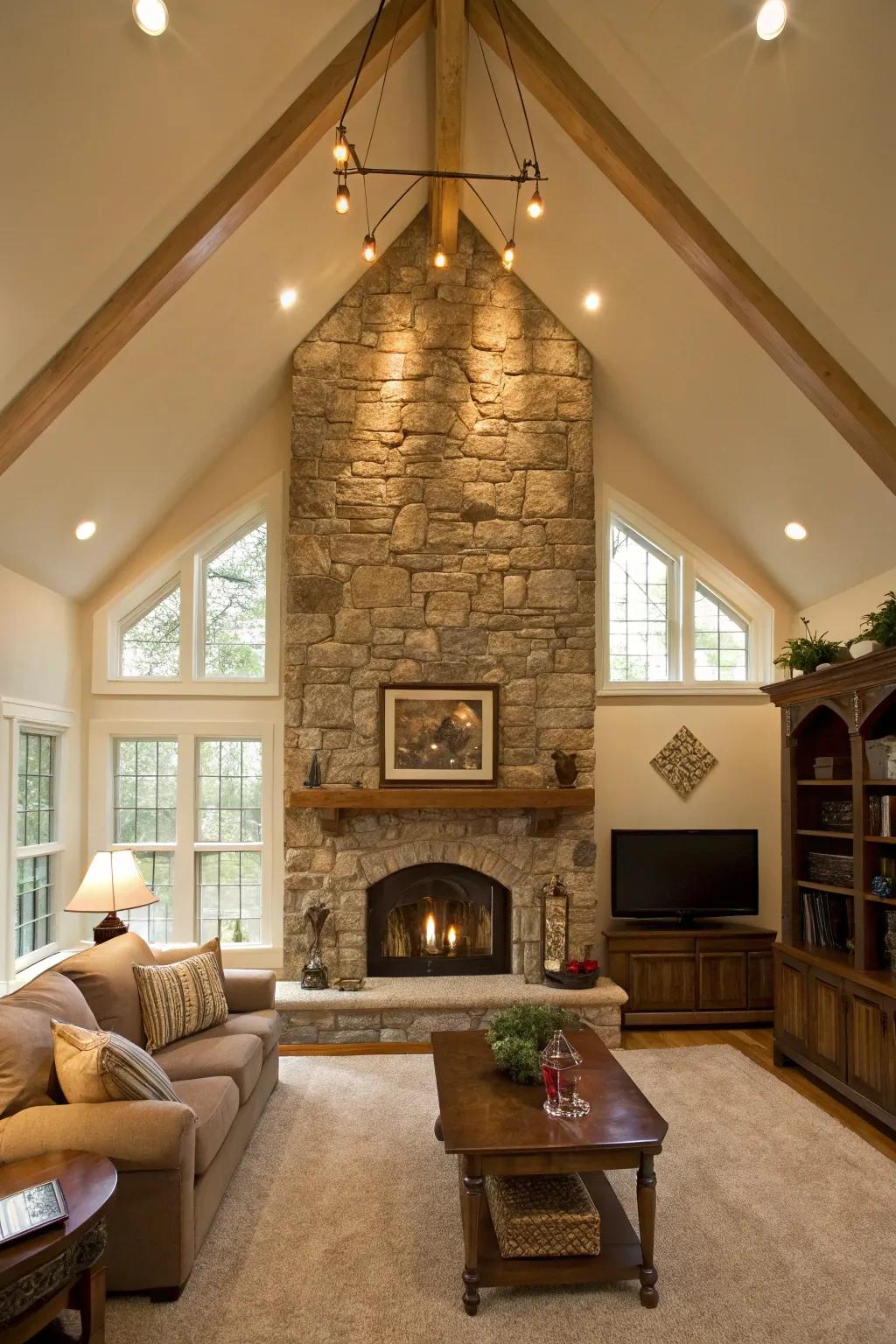 Living room featuring a vaulted ceiling and a rock hearth as part of the accent wall