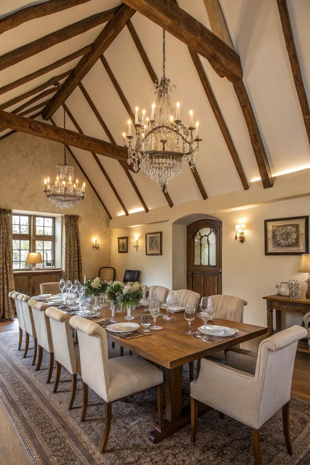 Genuine refinement exemplified by open lumber framework gracing a vaulted ceiling.