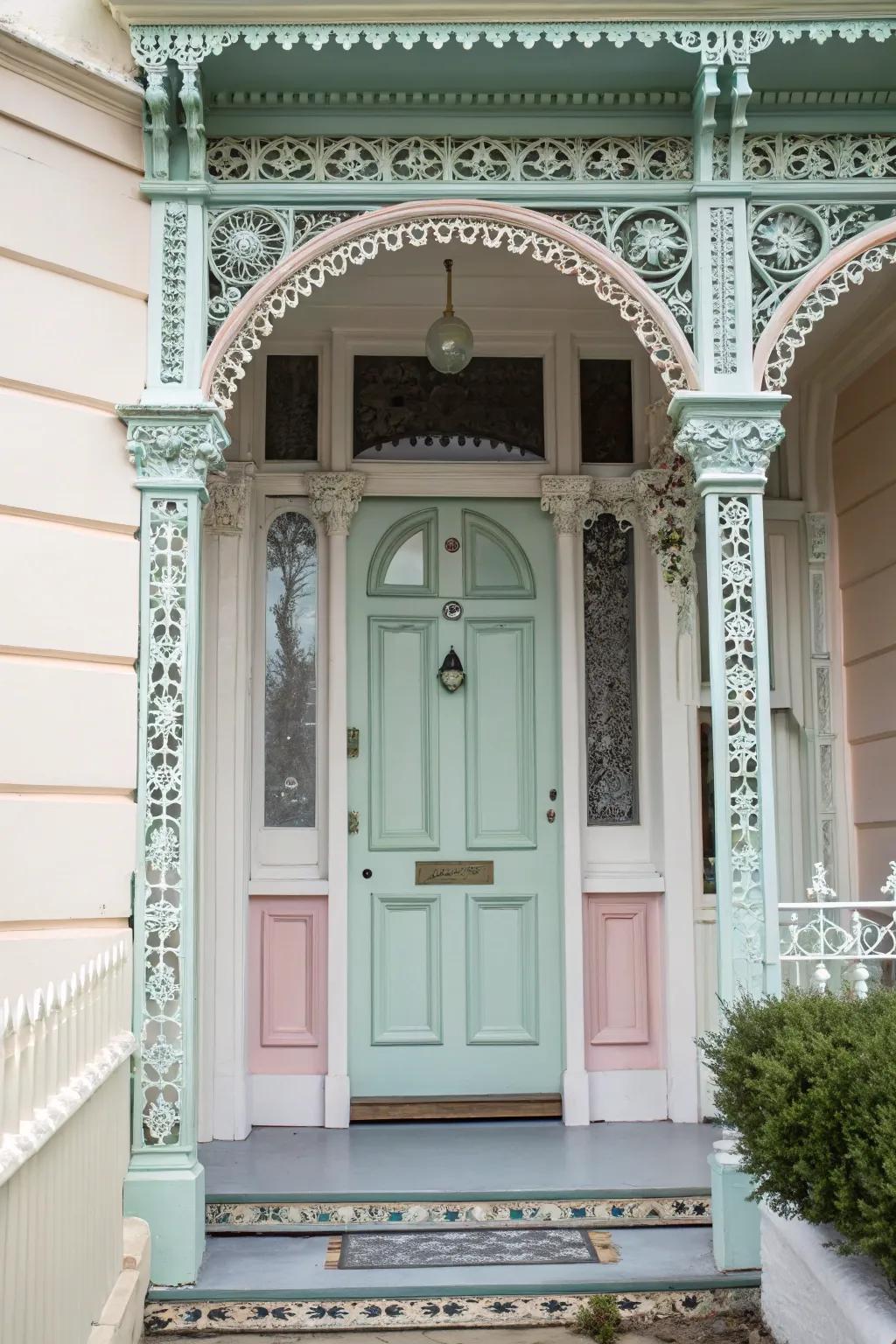 Subdued pastels complement the intricate details of this Victorian door.