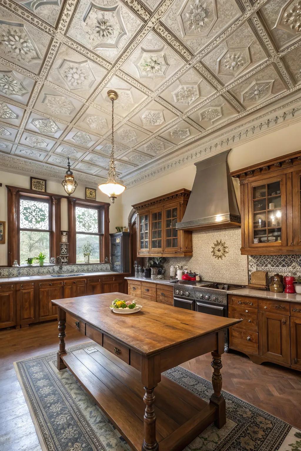 Complex ceiling embellishments elevate the Victorian cooking area ambiance.