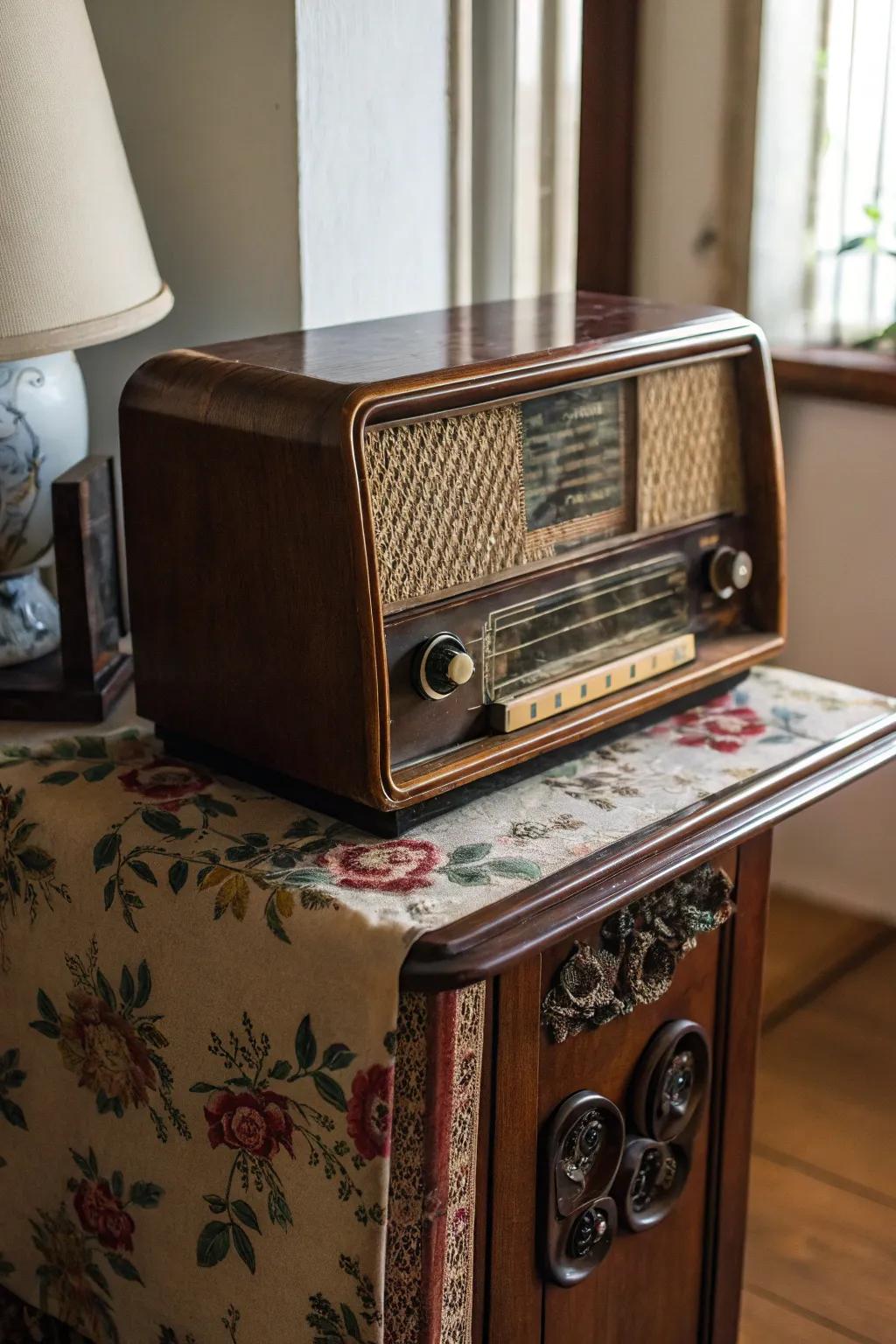 An antique radio perched atop a vintage side table, contributing to the room's character.