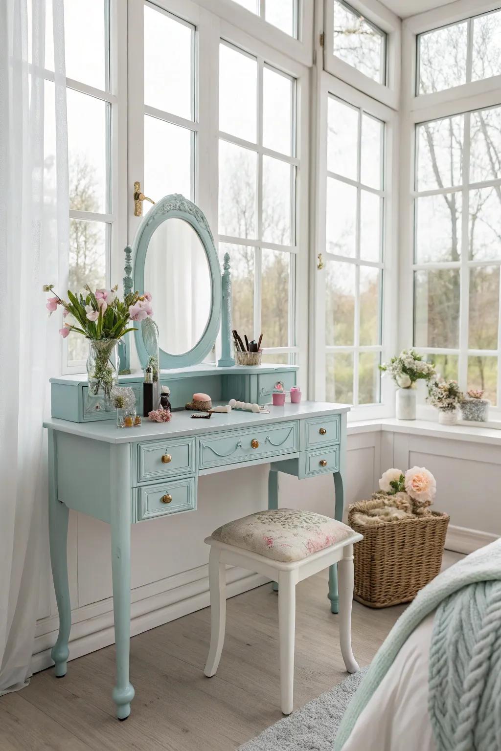 Pastel palette establish a serene and trendy antique dressing table mood.