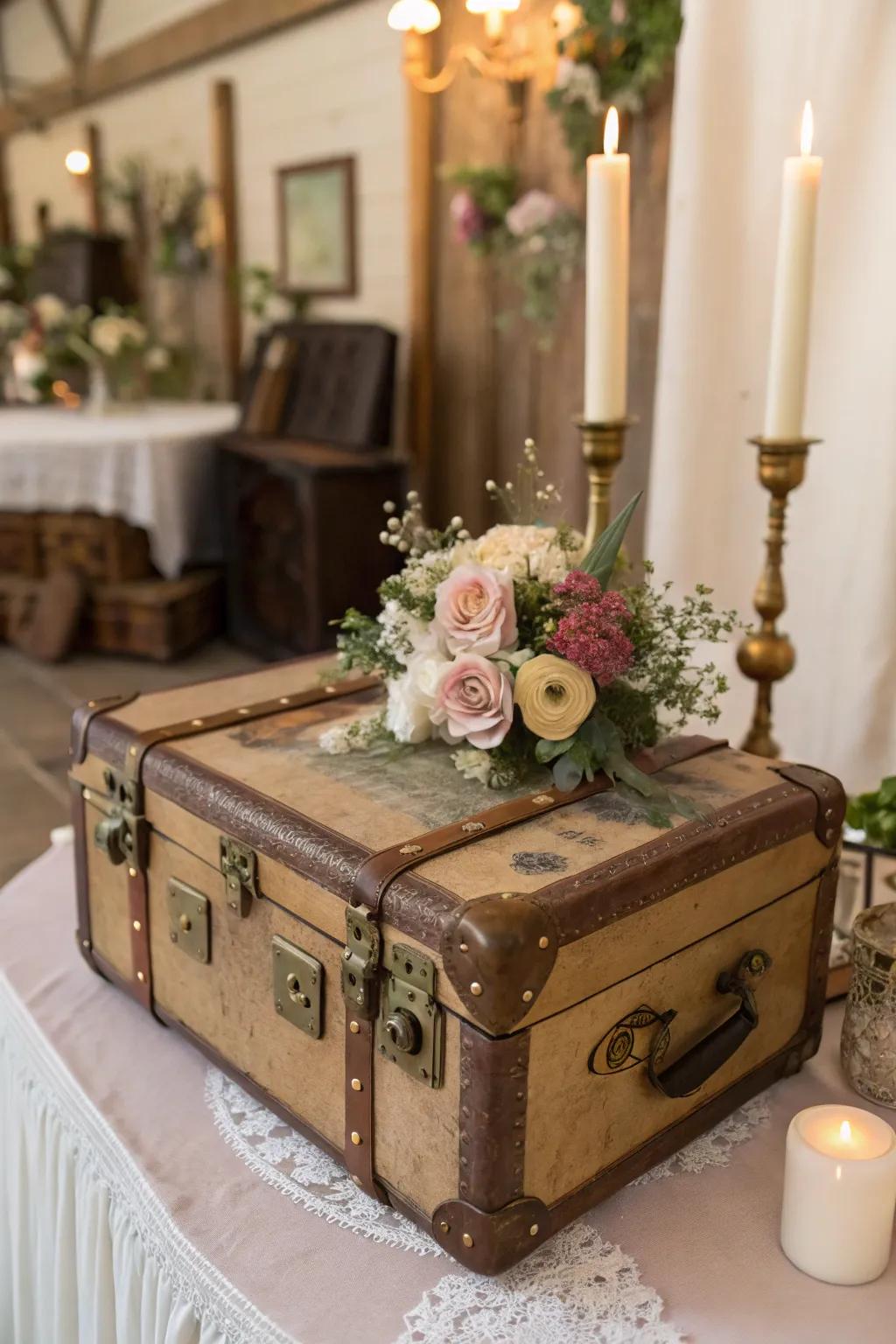 An age-old travel case thoughtfully repurposed as a card receptacle at a wedding.