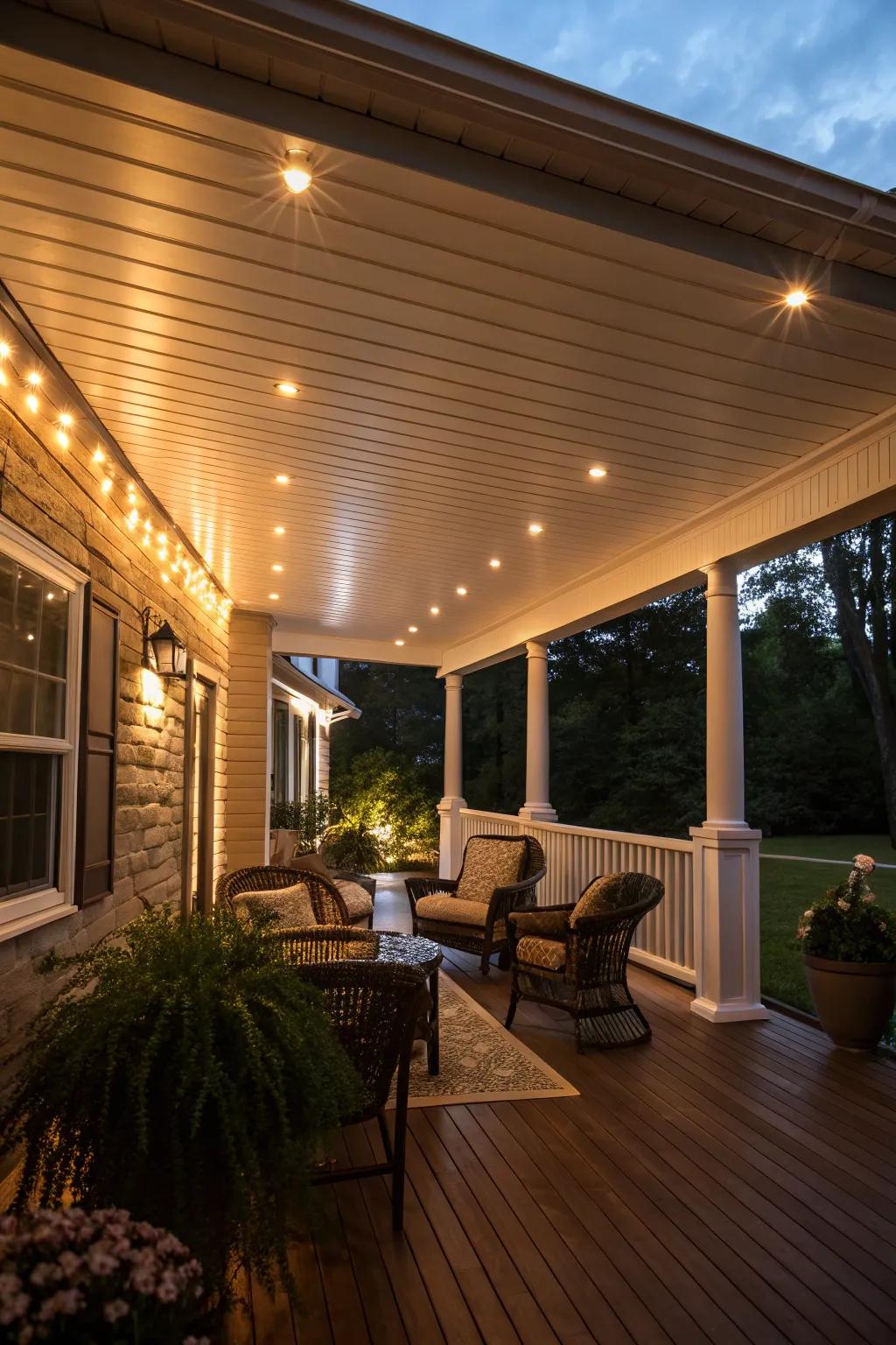 Integrated lighting accompanied by vinyl ceilings fashion a modern, welcoming ambiance.