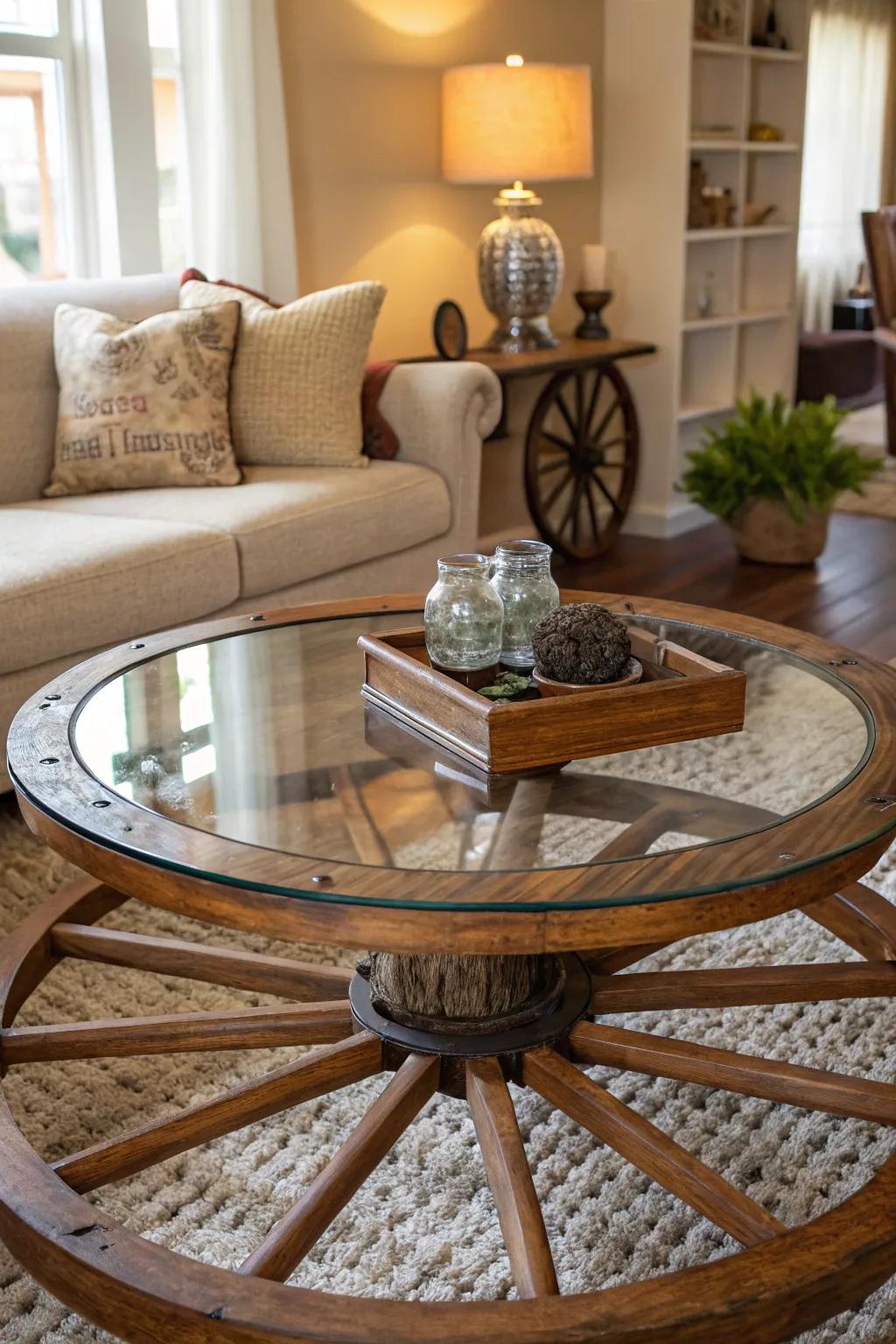 A carriage wheel sustaining a glass tabletop, crafting a singular coffee table.