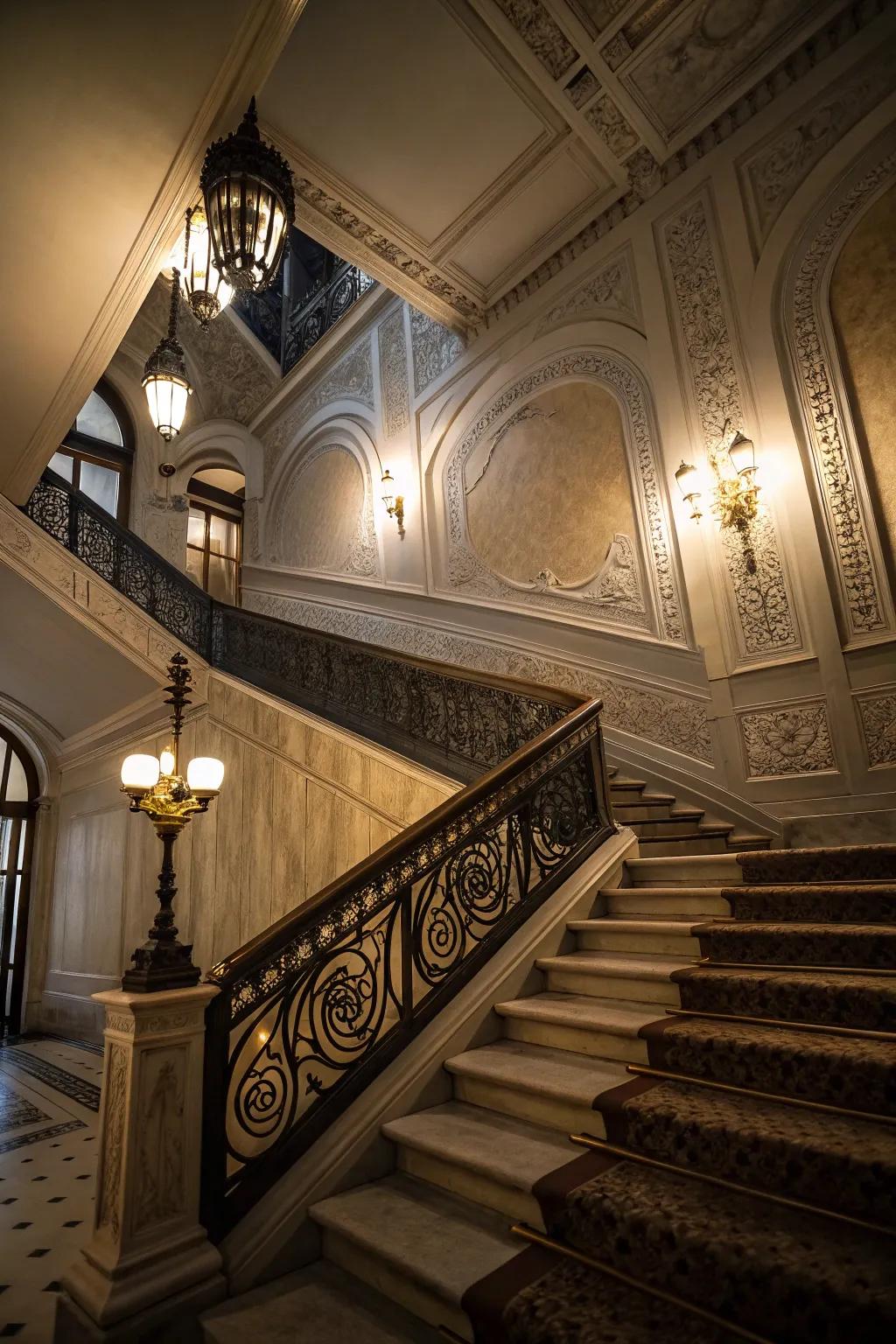 An impressive staircase accentuated via paneling.