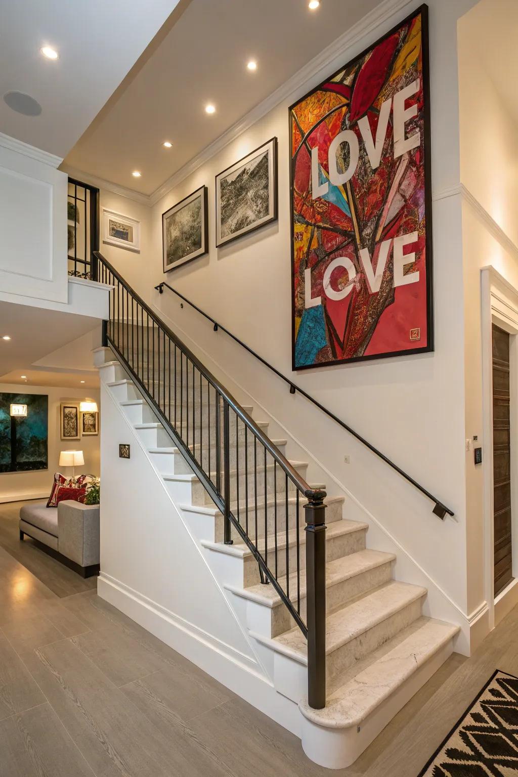 A statement artistic piece possesses the capacity to convert your staircase wall into a focal element.