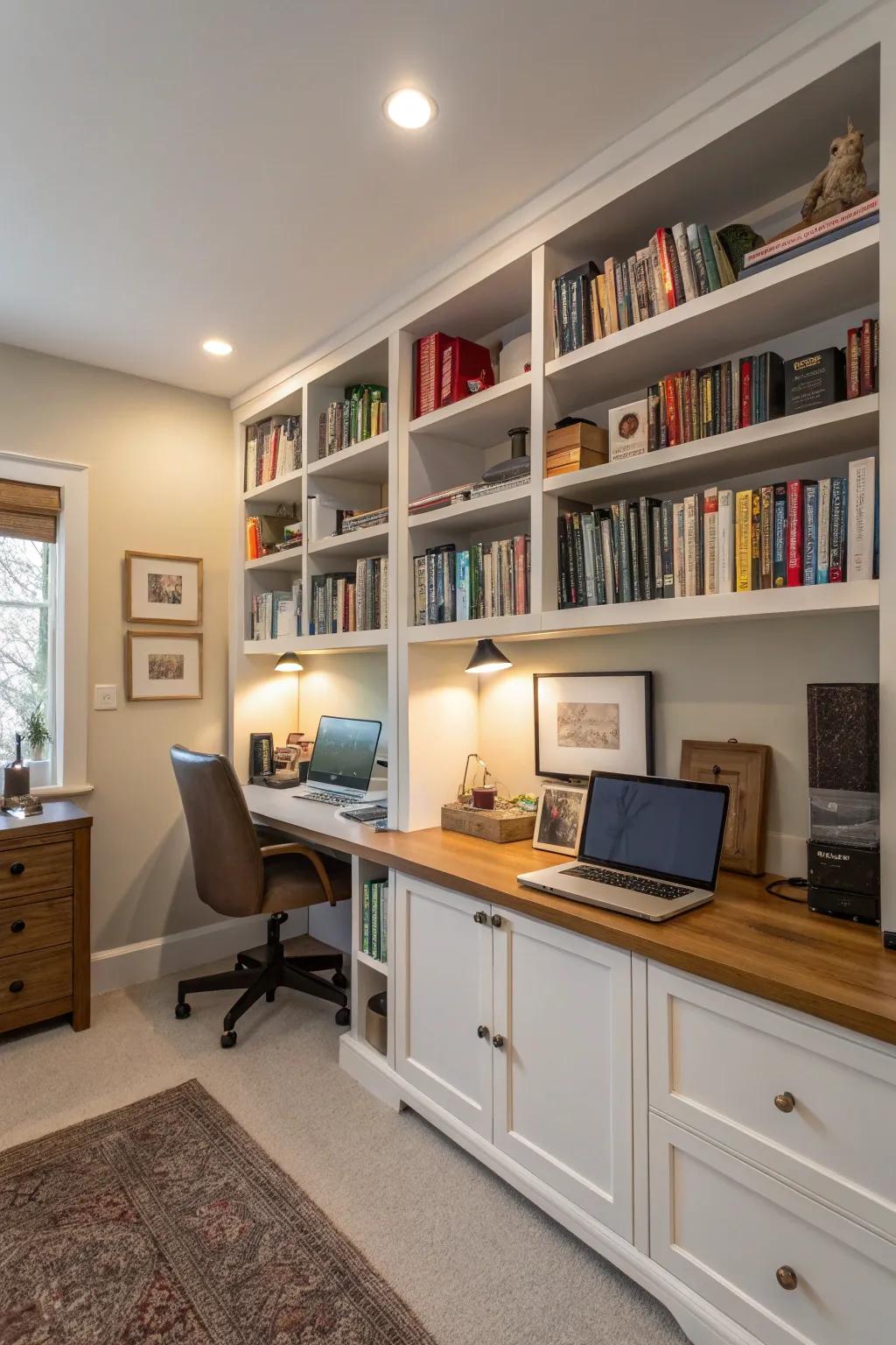The incorporation of integrated bookshelves within a home office configuration offers combined storage and utility functionalities.
