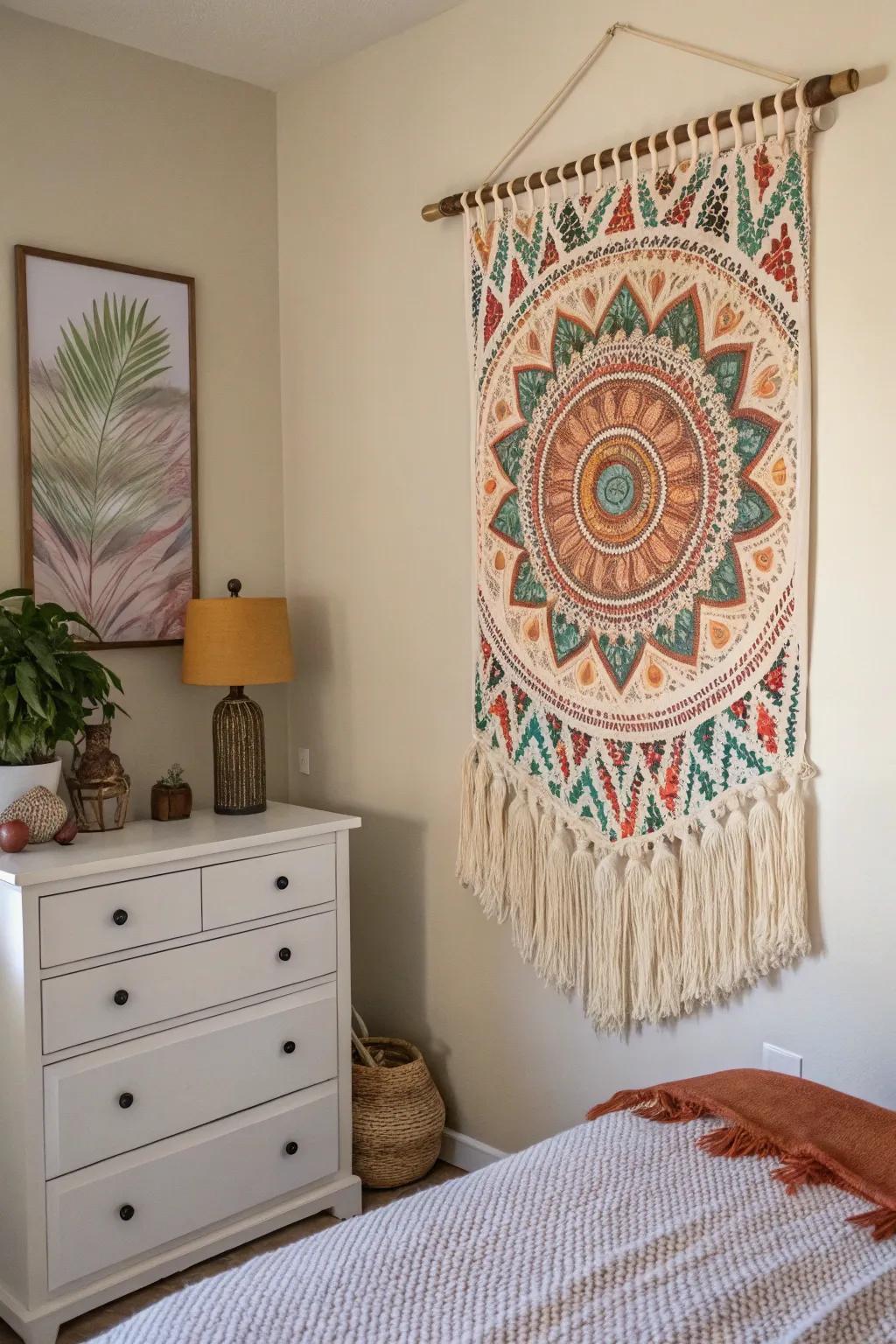 A woven tapestry enhances the bedroom's feel with texture and warmth.