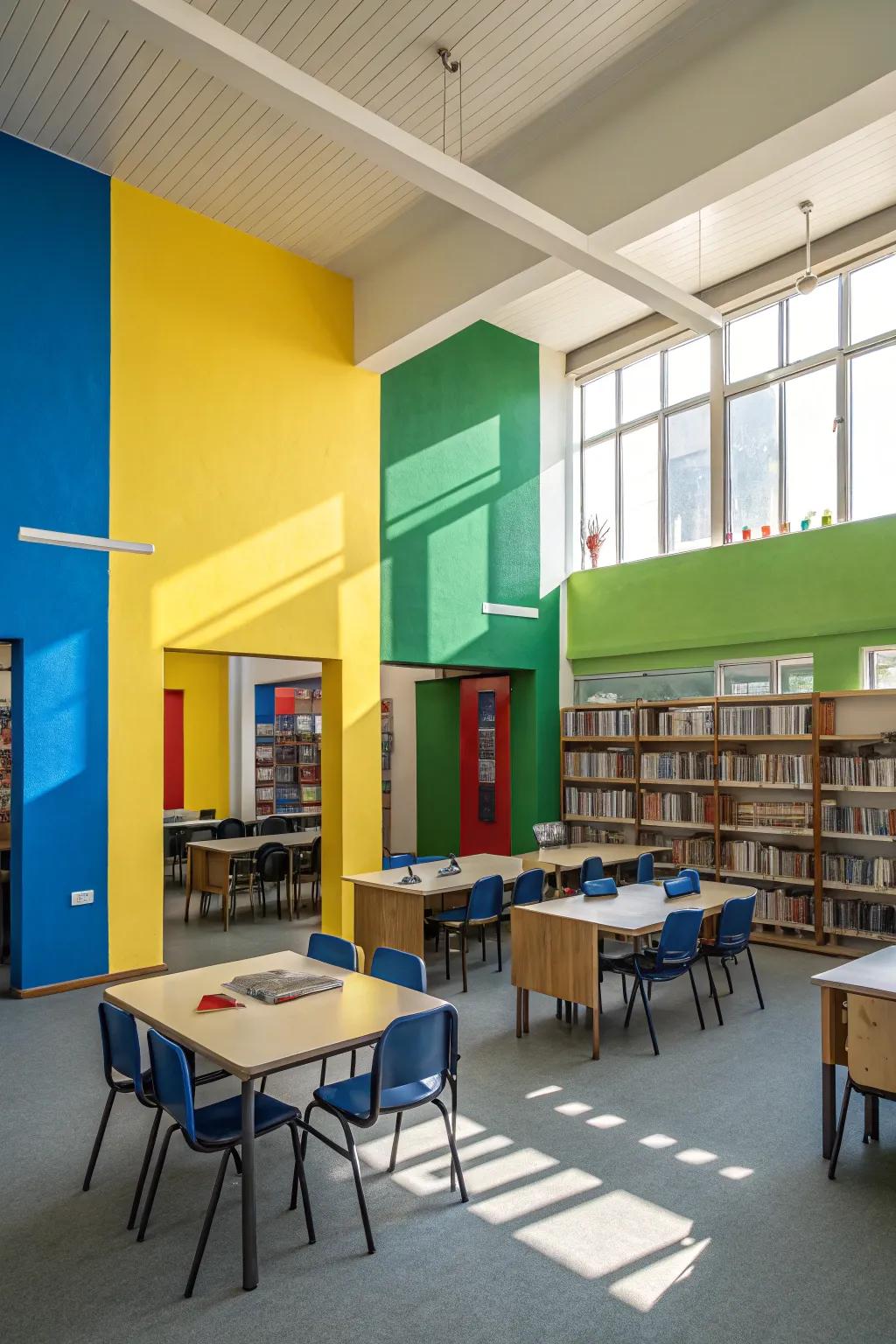 Walls featuring blocks of color energize a study setting.