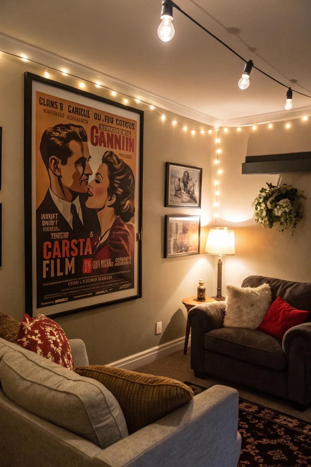 Retro posters create a nostalgic atmosphere.