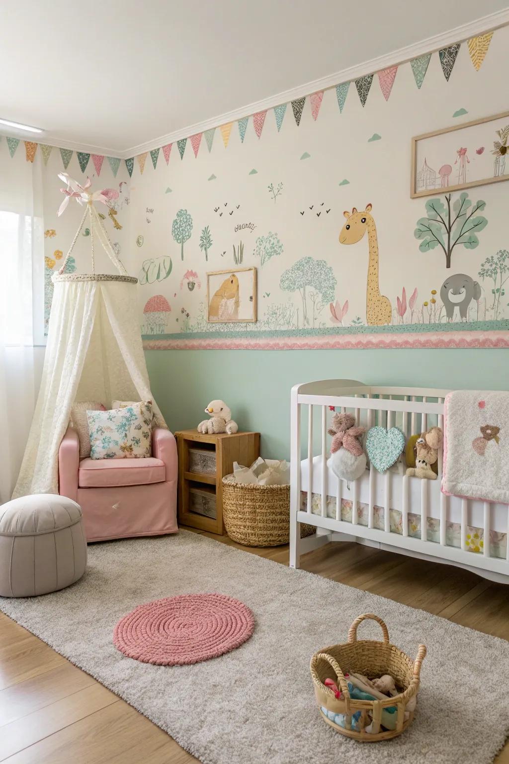 A nursery brimming with vitality, courtesy of a frolicsome wallpaper border.