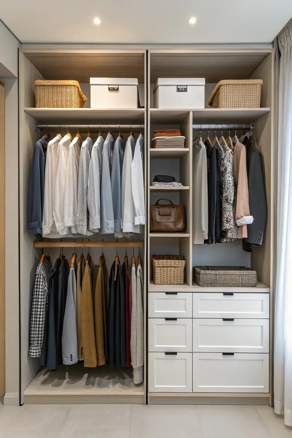 Varying hanging heights optimize closet space.