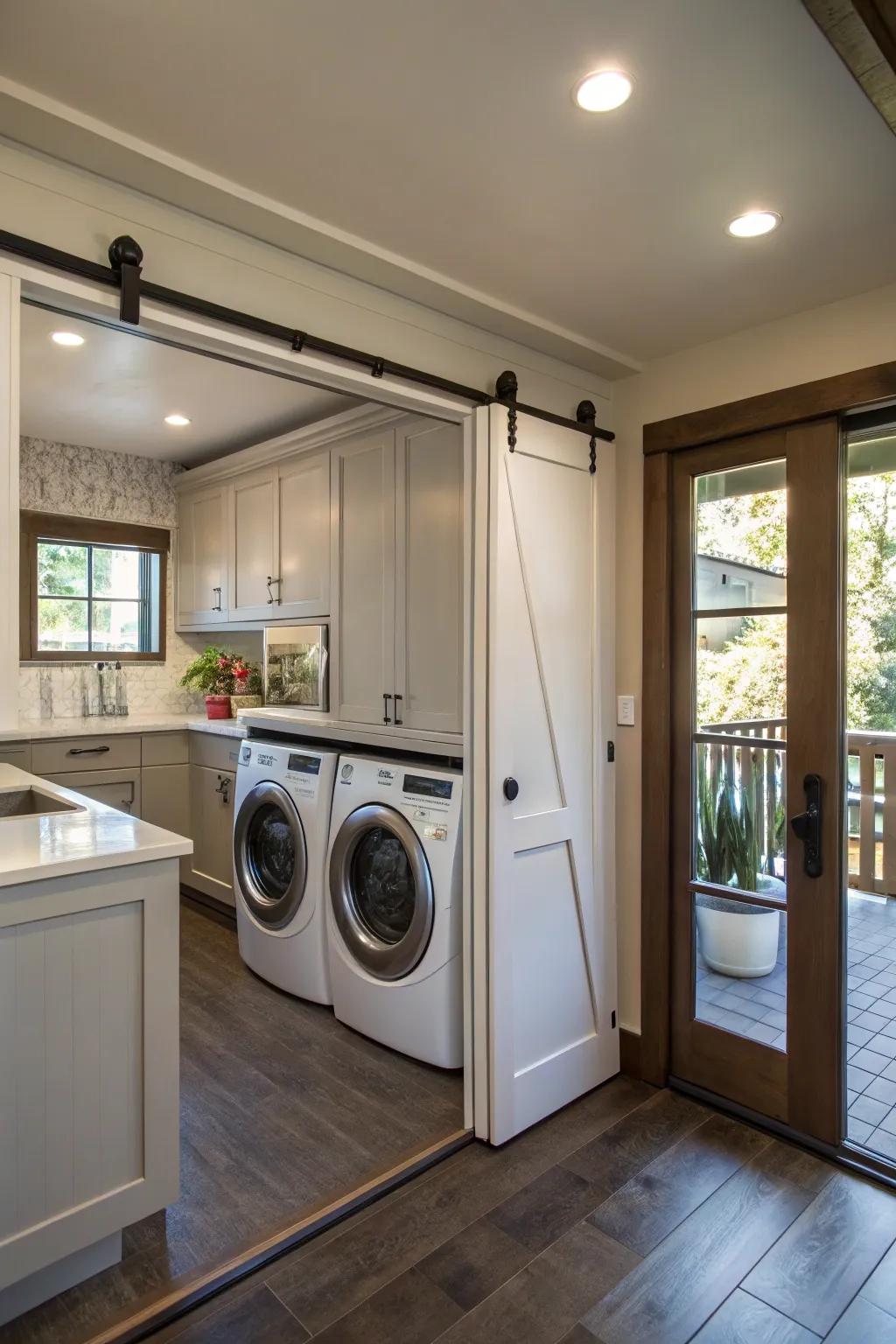 Pocket sliders elegantly mask the washer and dryer within the culinary space.