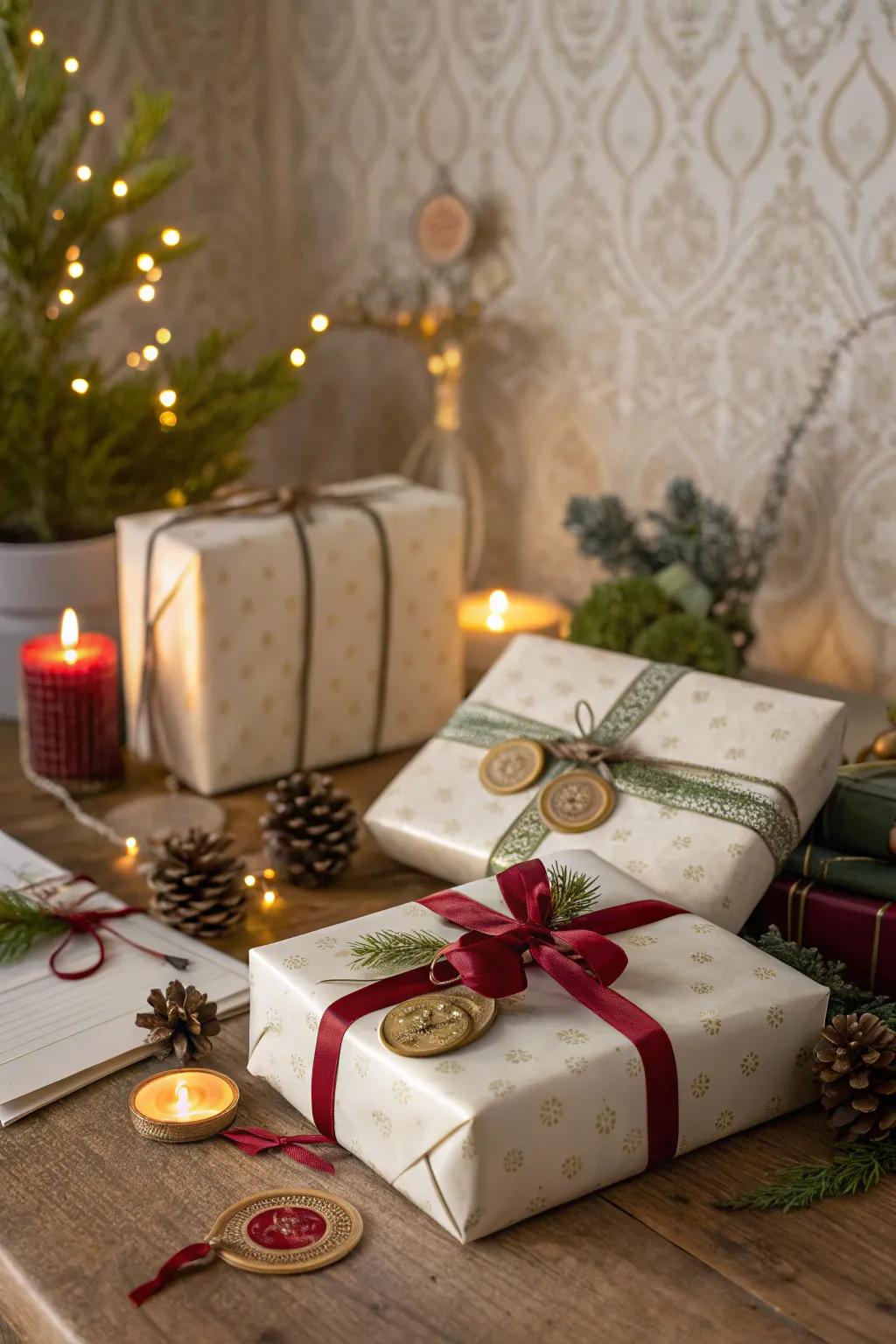 Gift wrapping improved with wax seals, adding a personal and stylish flair.