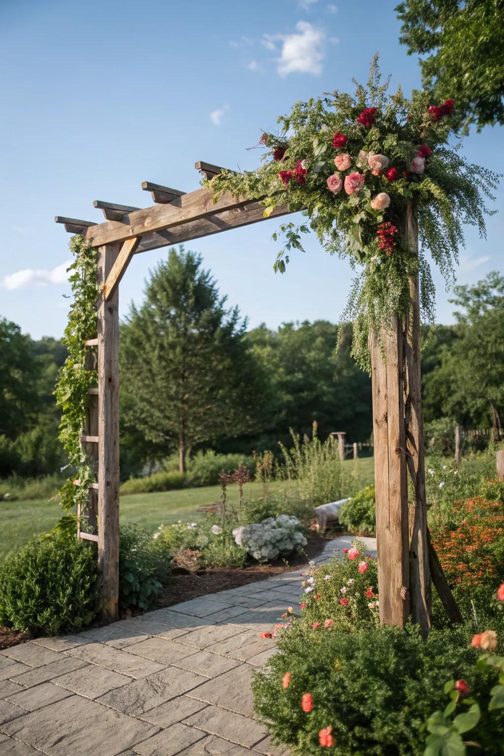 Country-style charm with a timber arch backdrop.
