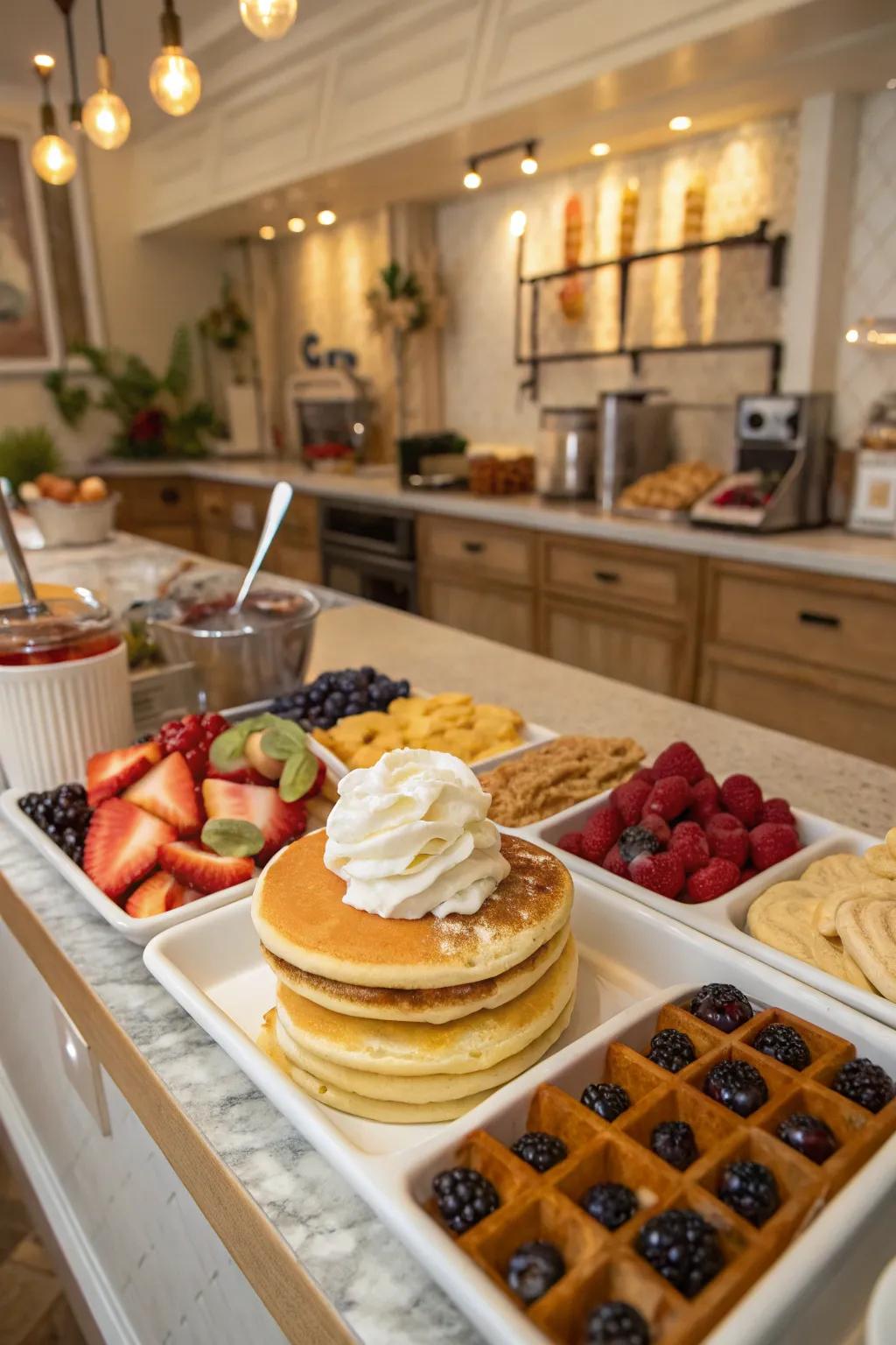 An alluring pancake and waffle arrangement prepared for a captivating wedding morning meal.