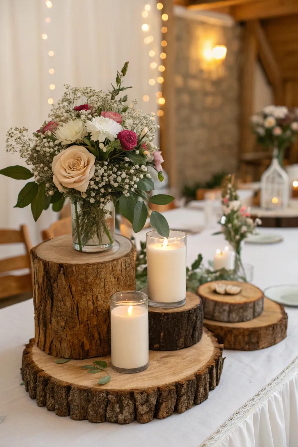 Countryside wood elements enhance wedding decor.