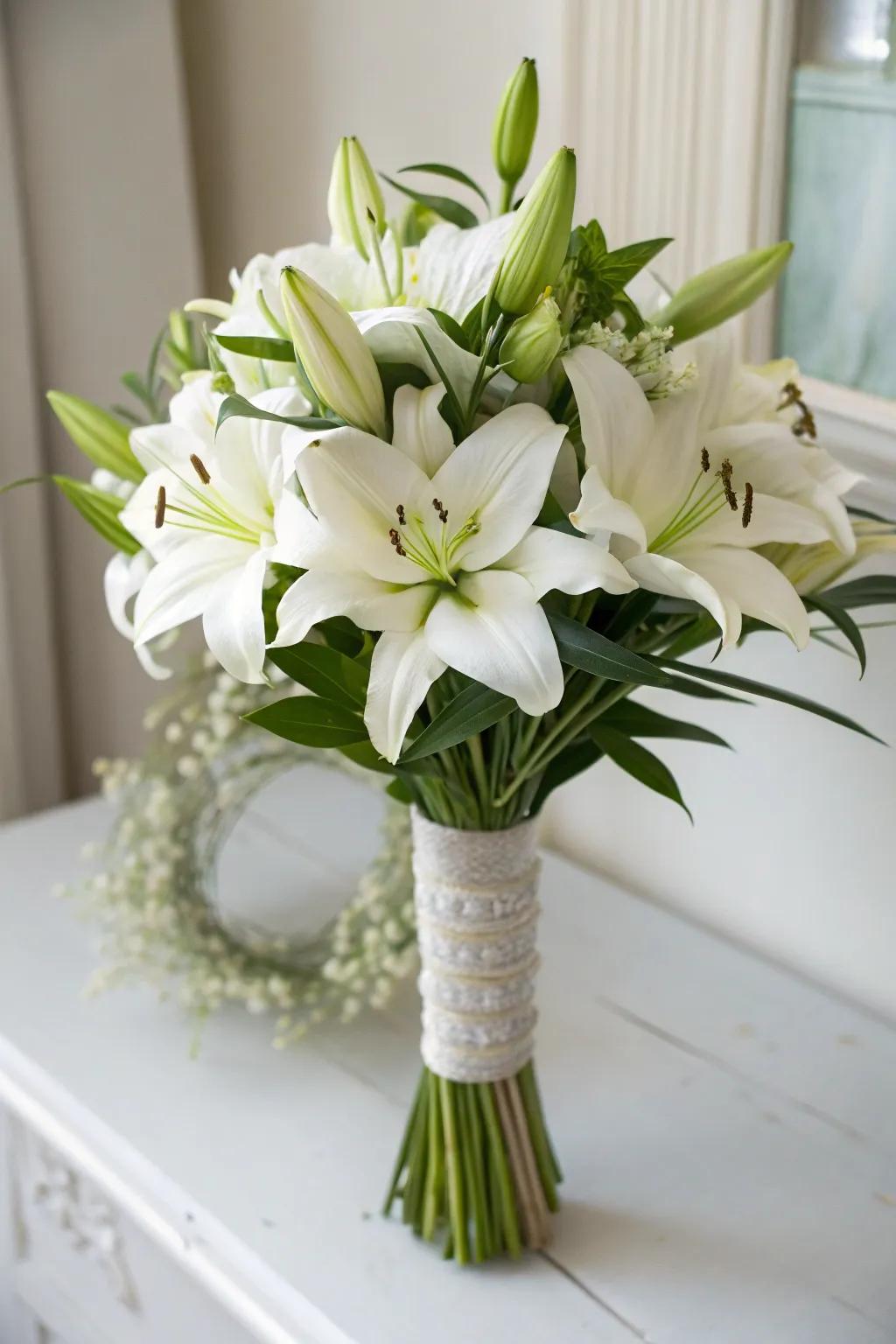 Understated refinement embodied in a bouquet of ivory lilies