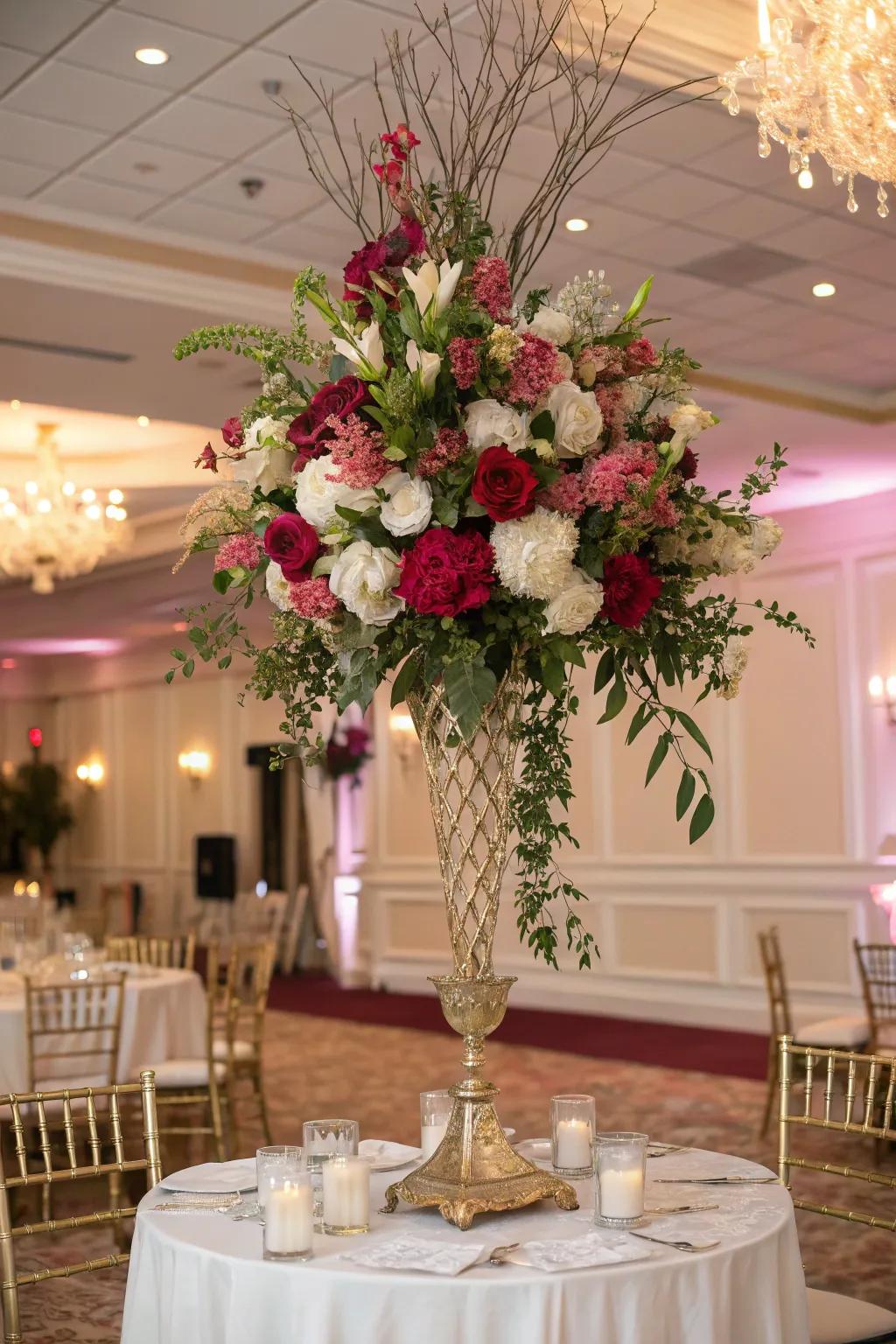 A soaring and majestic floral composition, injecting theatrical elegance into the wedding venue.