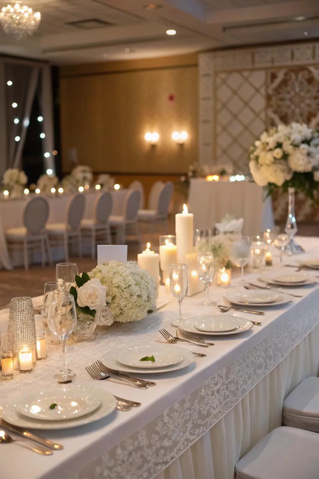 Understated tableware formulating a sophisticated head table arrangement.