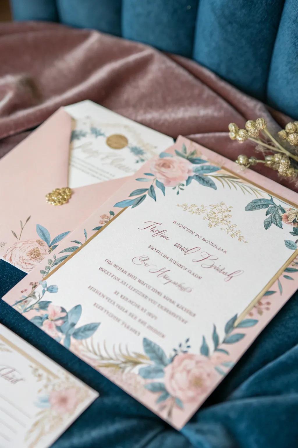 An invitation in blush pink and gentle cerulean displayed upon a velvet veneer.