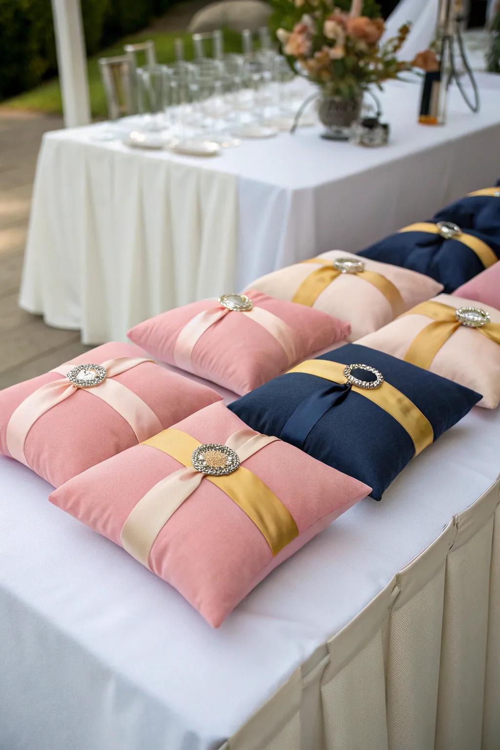 Kaleidoscopic ring bearer cushions harmonizing with marital motifs.