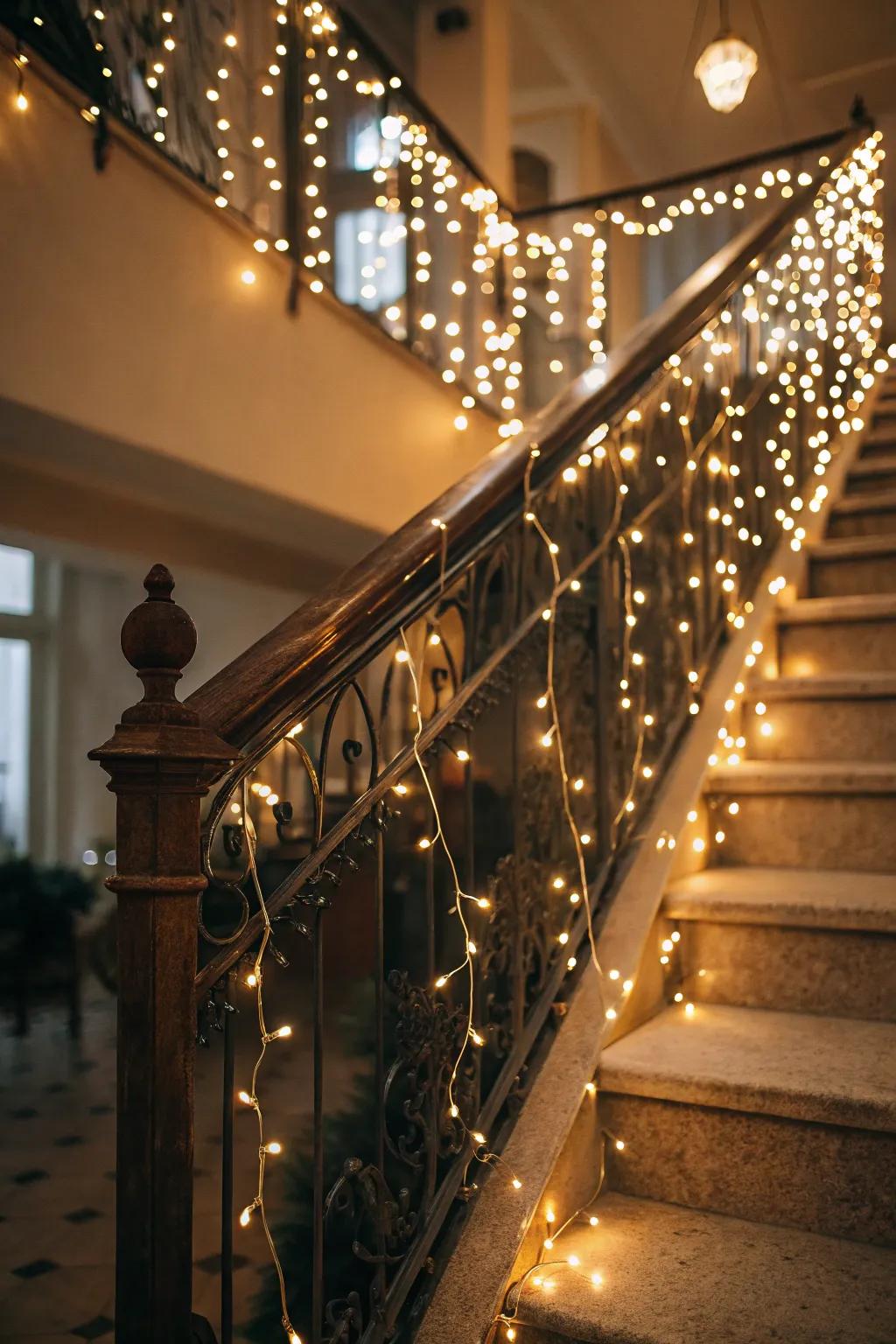 Pixie lights engender a bewitching, celestial outcome on this wedding stairwell.