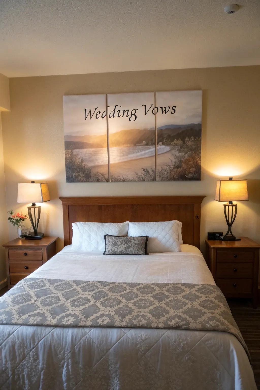 Dreamlike vows displayed on textile art above a snug resting place.