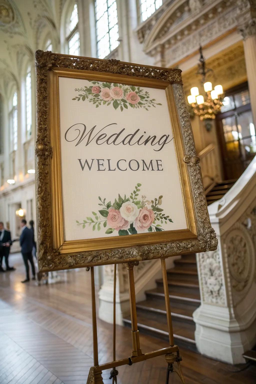 An aged-inspired greeting plaque in a detailed border, ideal for a historic venue.