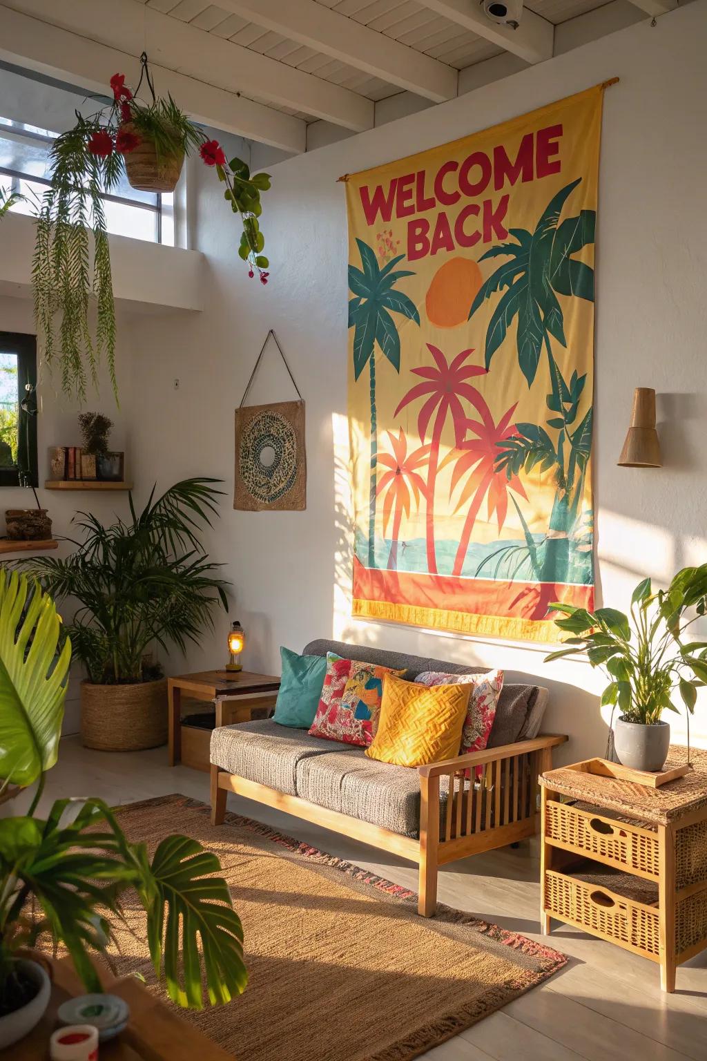 A tropical-themed poster imparts a sunny disposition to the dwelling space.